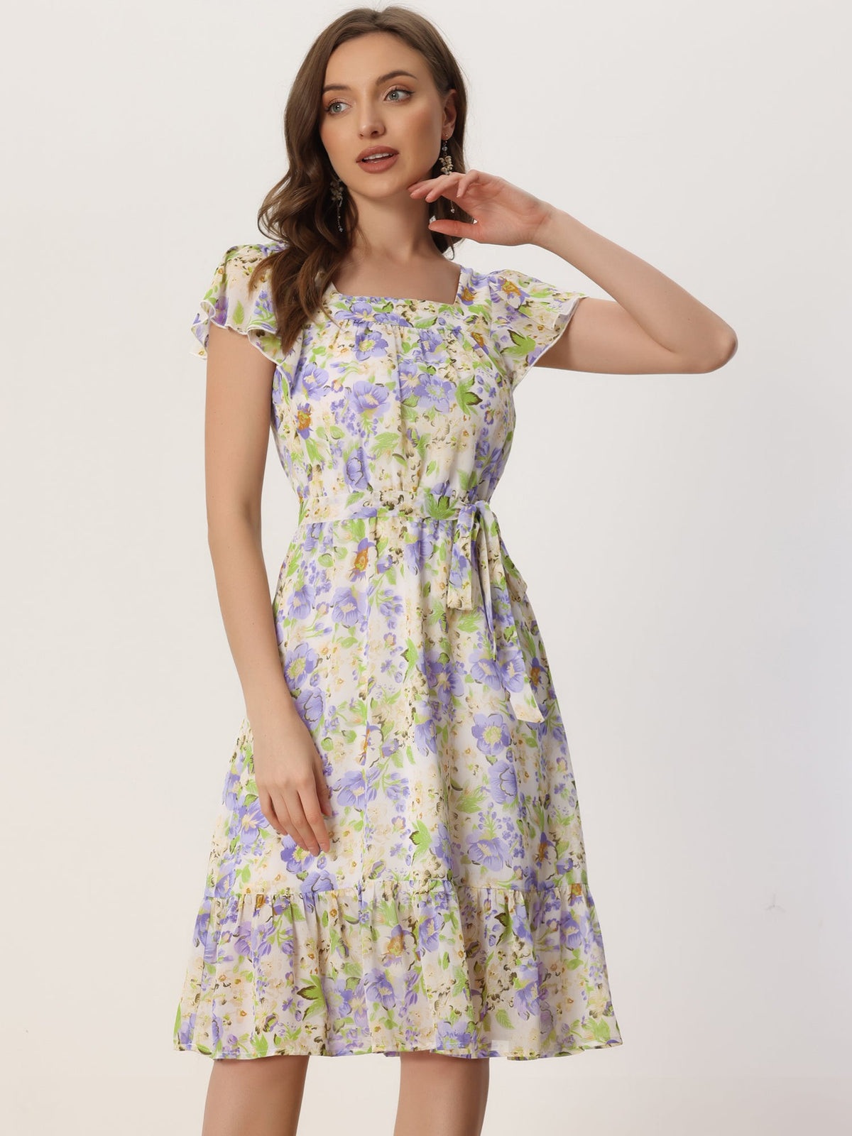 Square Neck Flutter Floral Dress