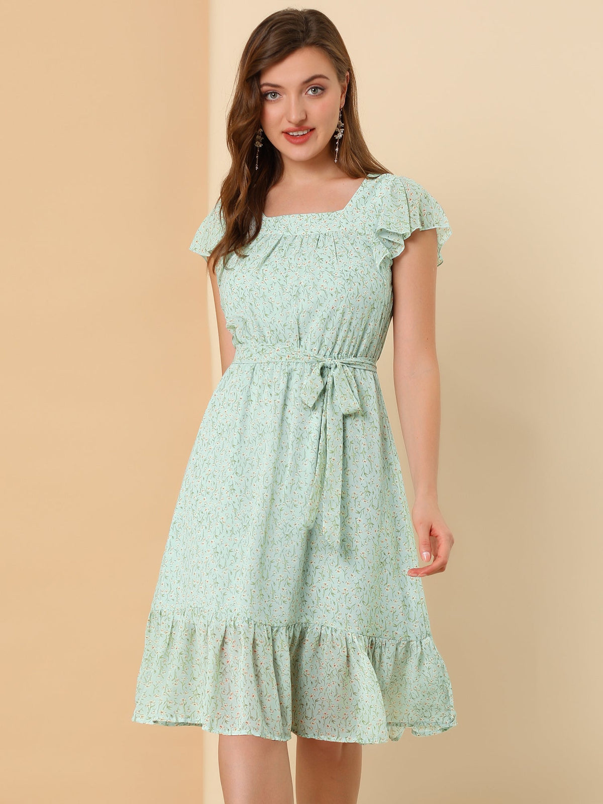 Square Neck Flutter Floral Dress