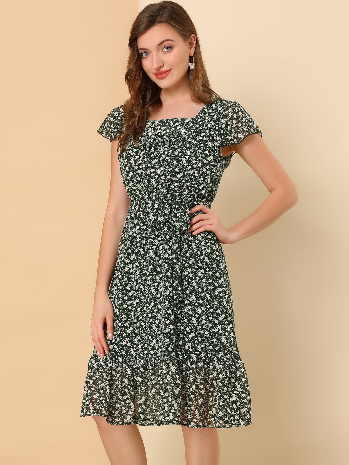 Square Neck Flutter Floral Dress