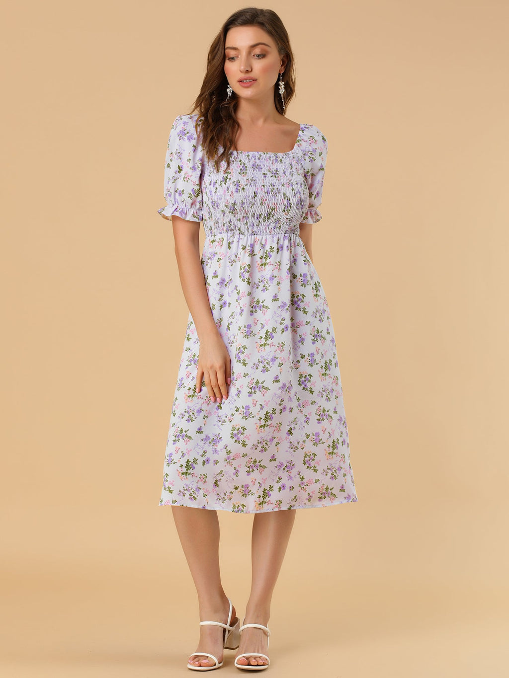 Smocked Floral Square Neck Dress