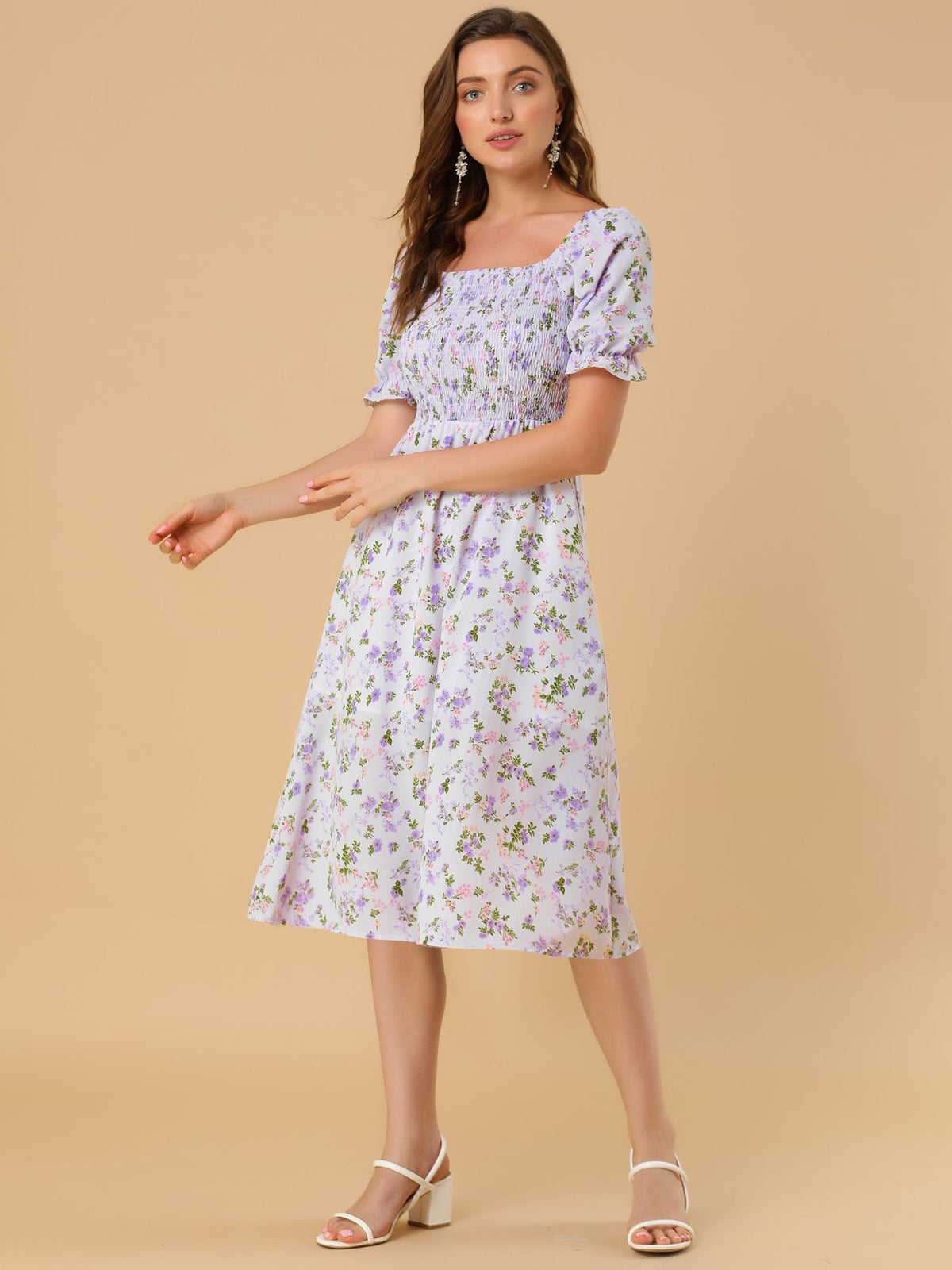 Smocked Floral Square Neck Dress
