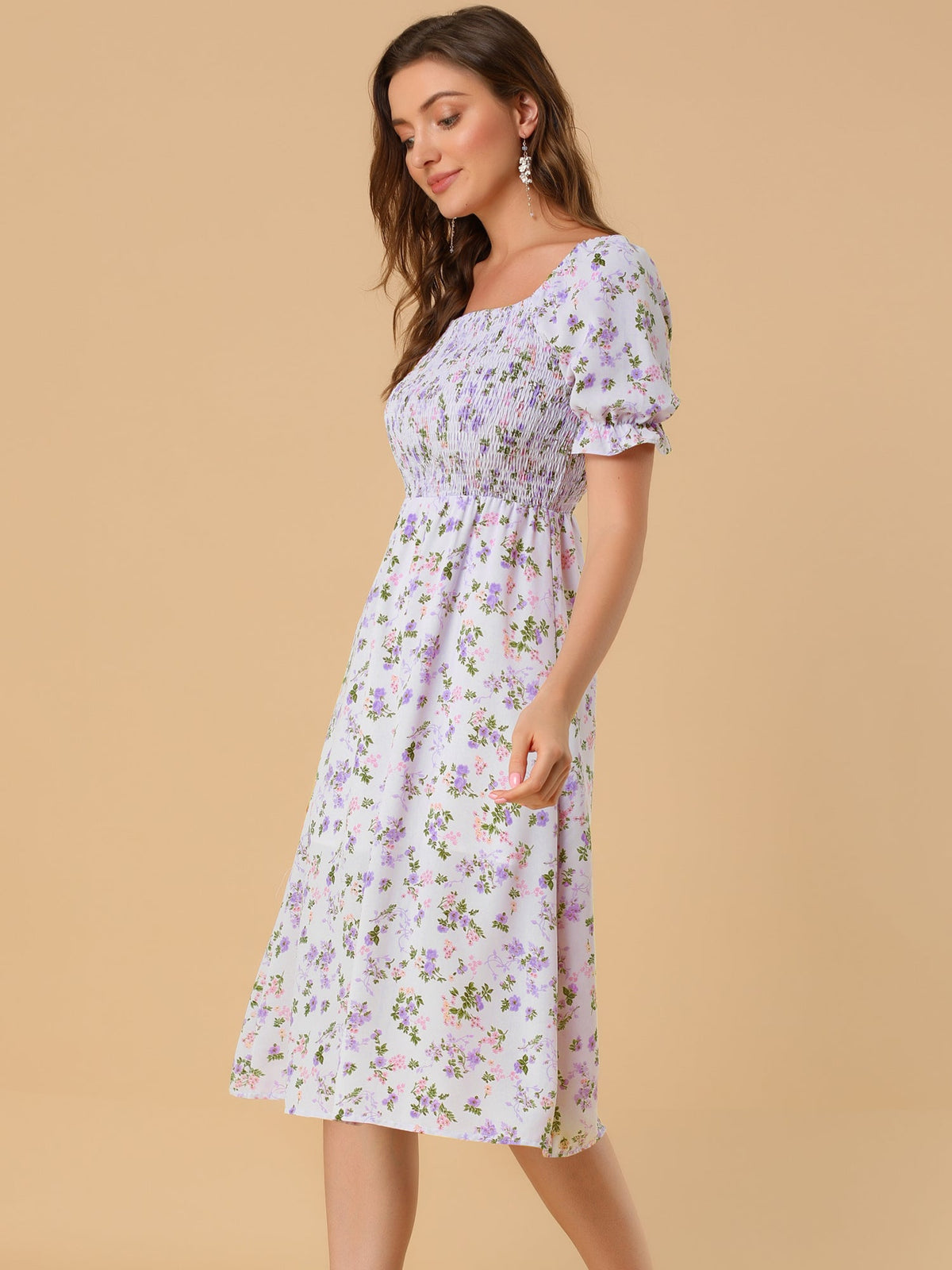 Smocked Floral Square Neck Dress