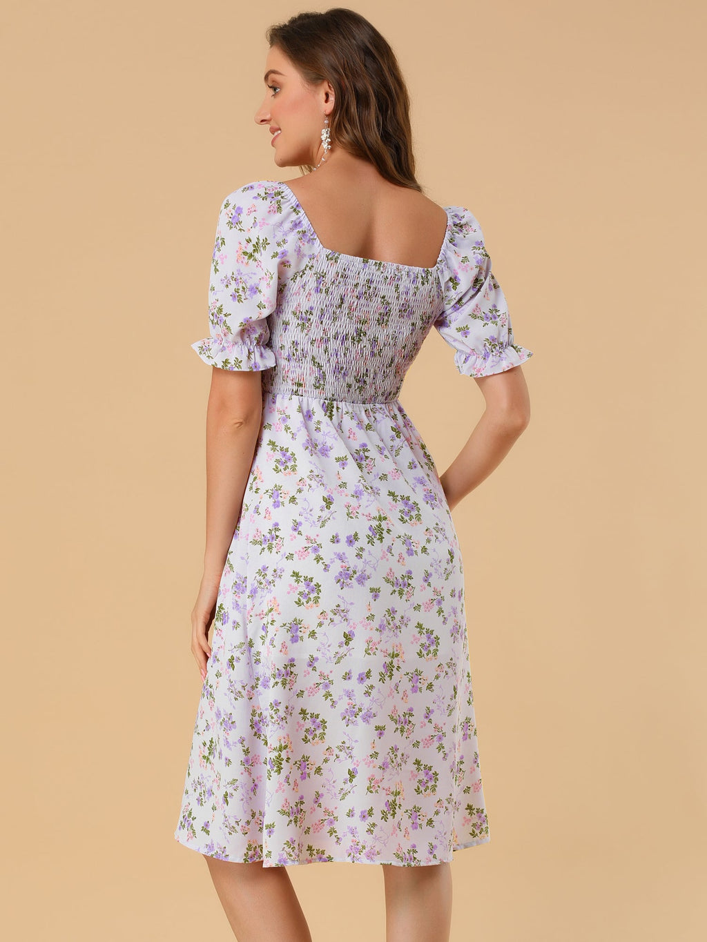 Smocked Floral Square Neck Dress