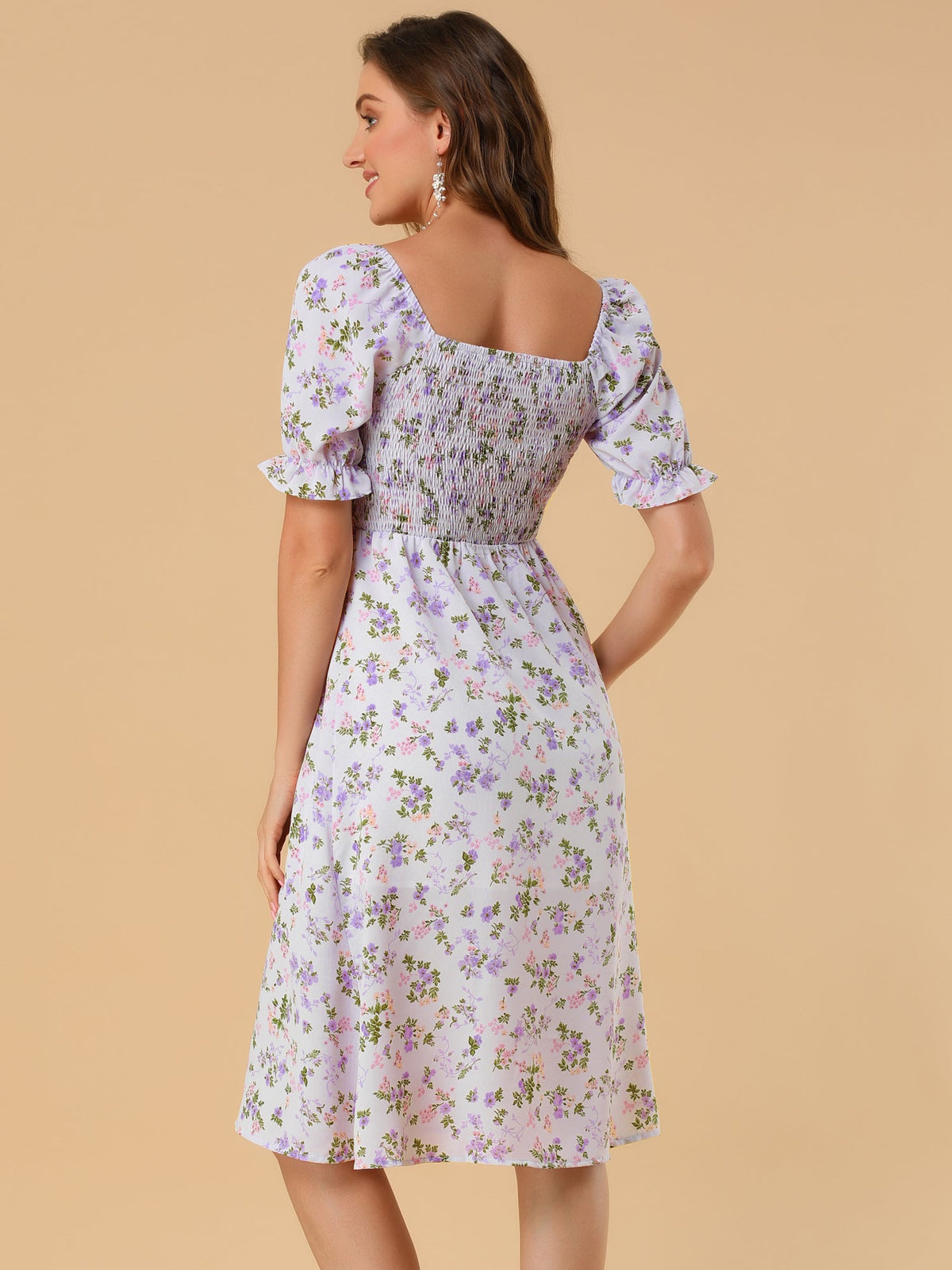 Smocked Floral Square Neck Dress