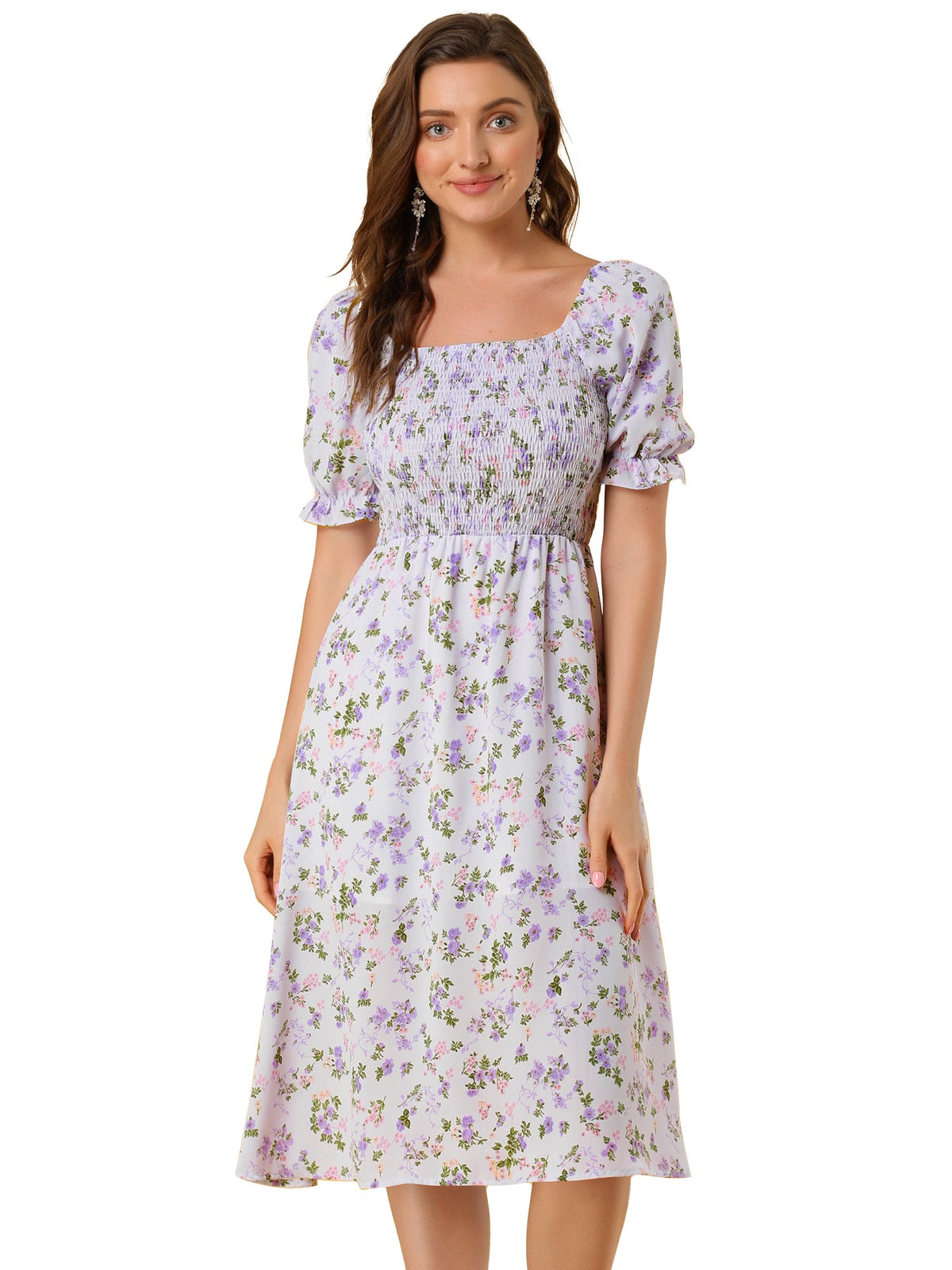 Smocked Floral Square Neck Dress