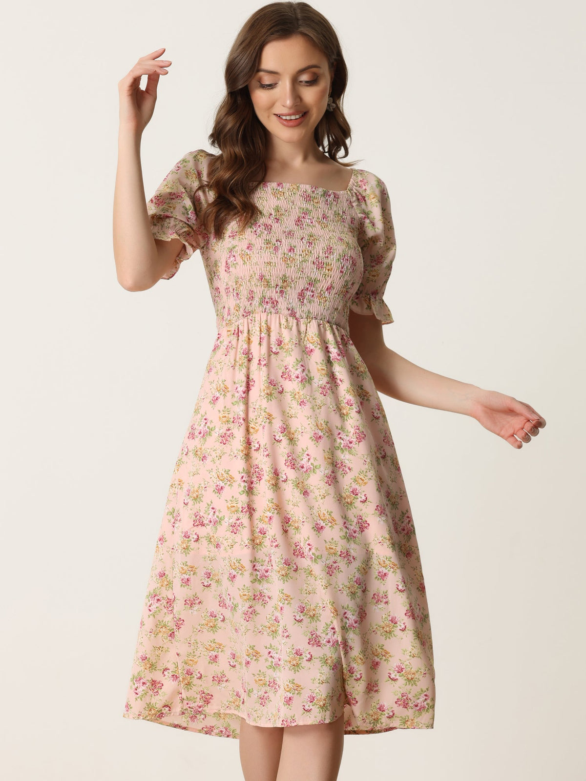 Smocked Floral Square Neck Dress
