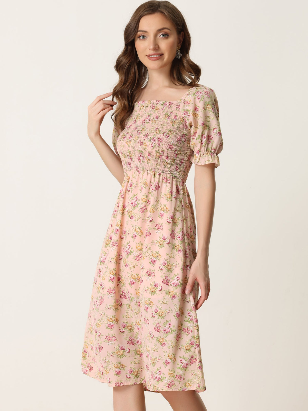 Smocked Floral Square Neck Dress