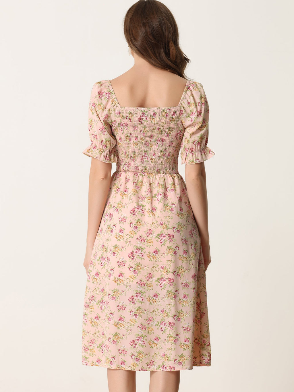 Smocked Floral Square Neck Dress