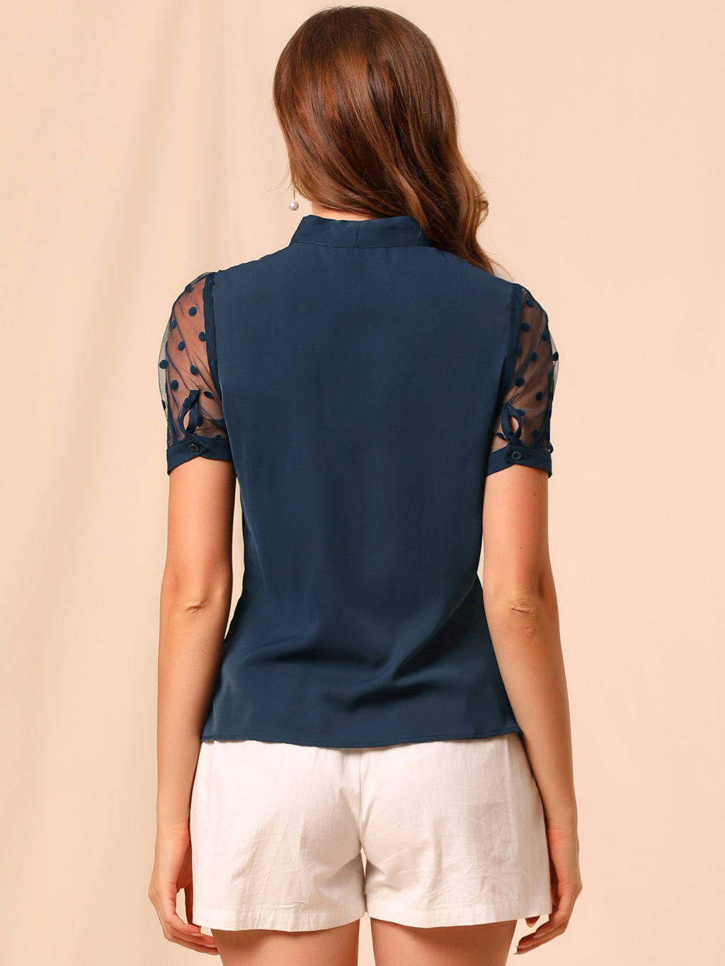 Mesh Sleeve Bow Tie Blouse