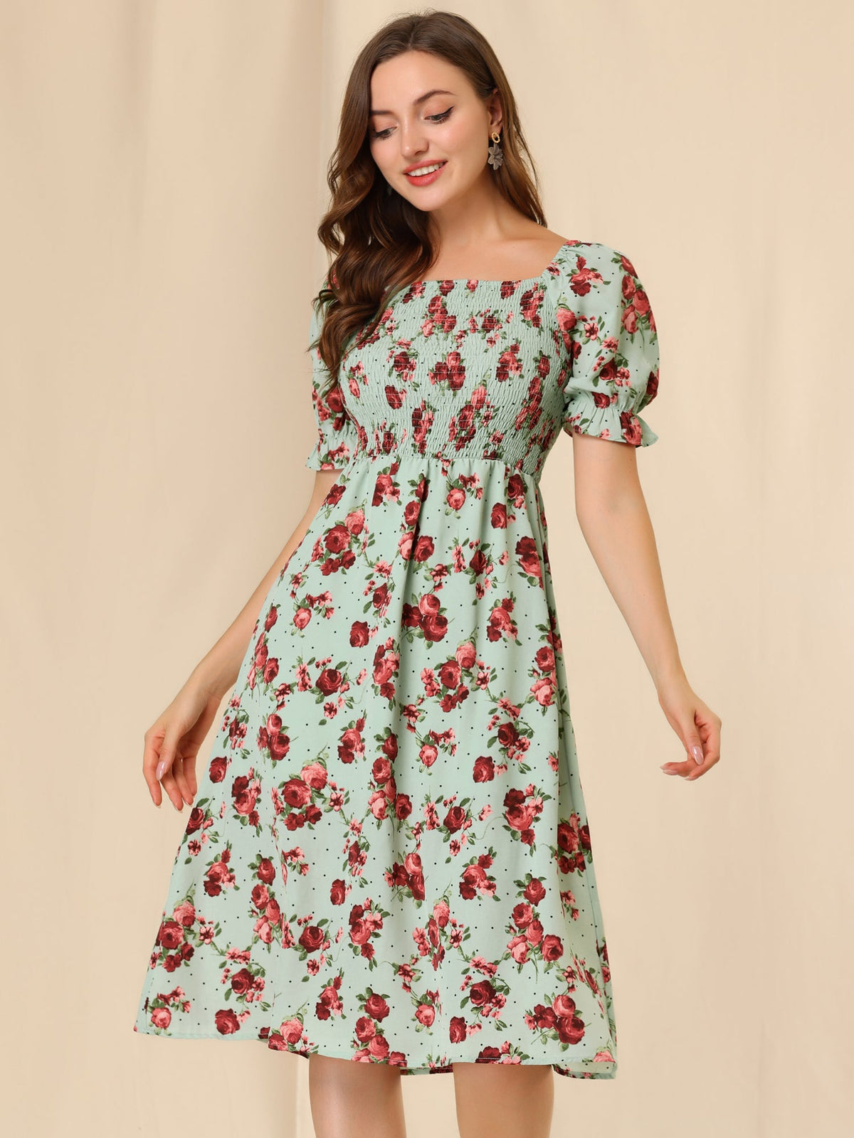 Smocked Floral Square Neck Dress