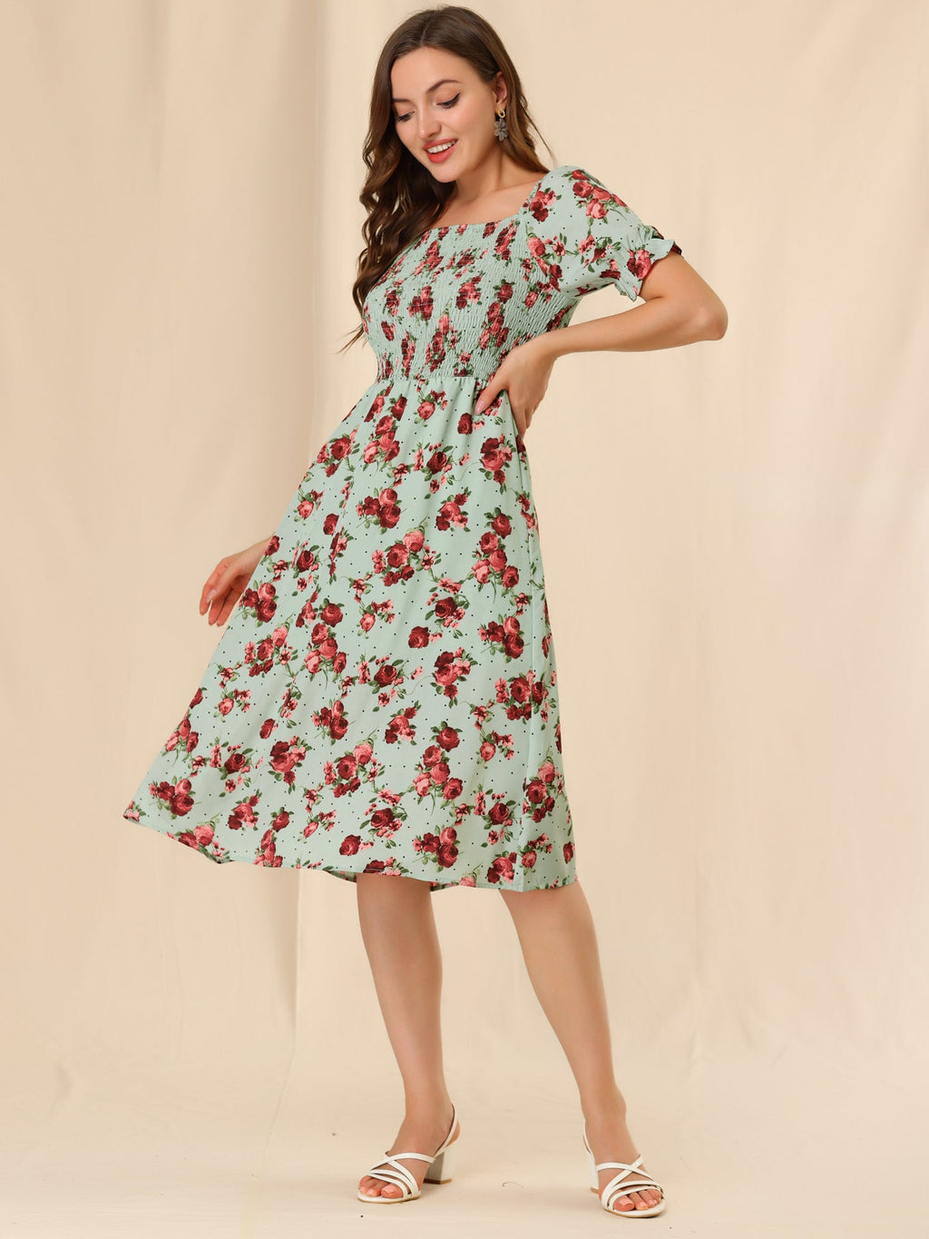Smocked Floral Square Neck Dress