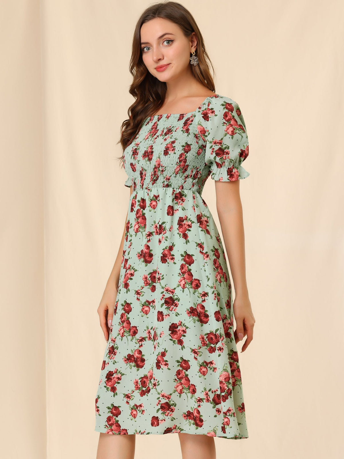 Smocked Floral Square Neck Dress