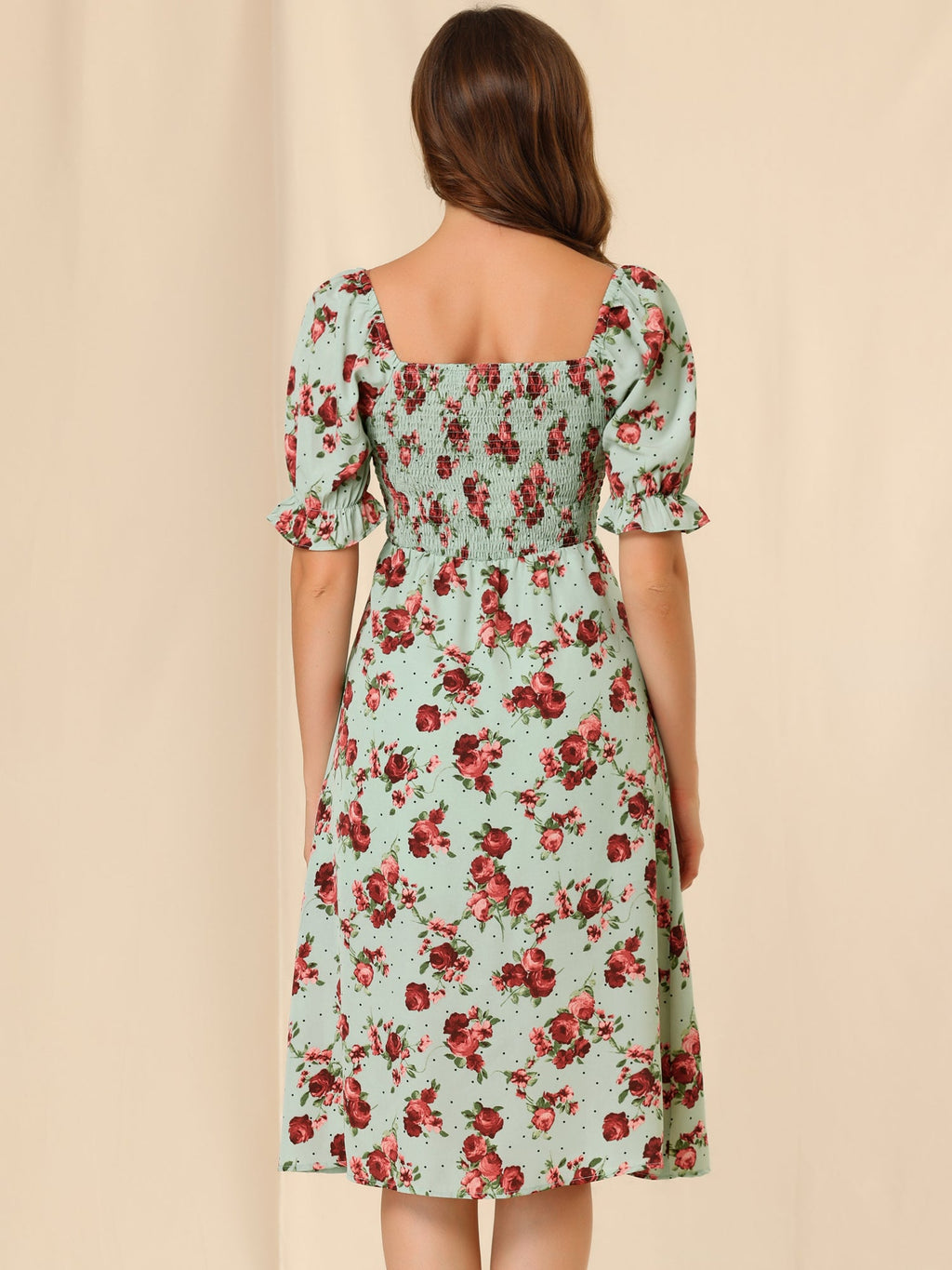 Smocked Floral Square Neck Dress