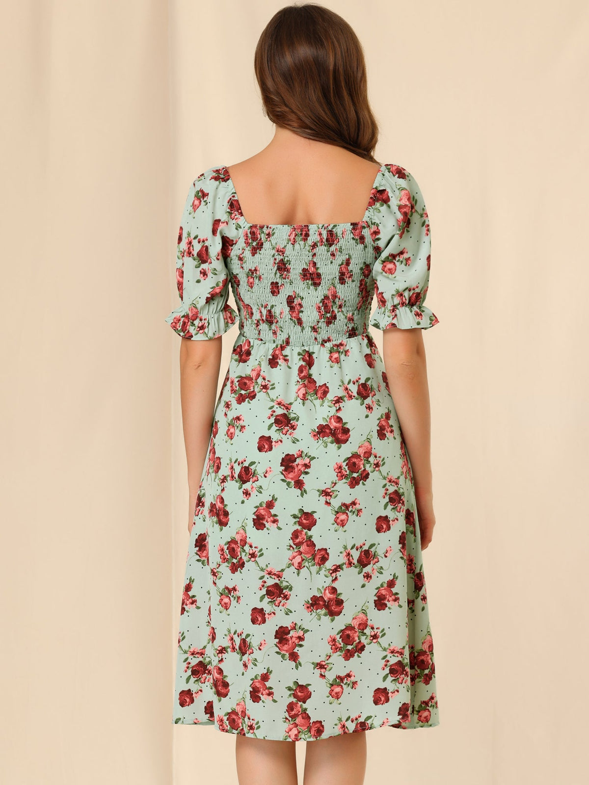 Smocked Floral Square Neck Dress