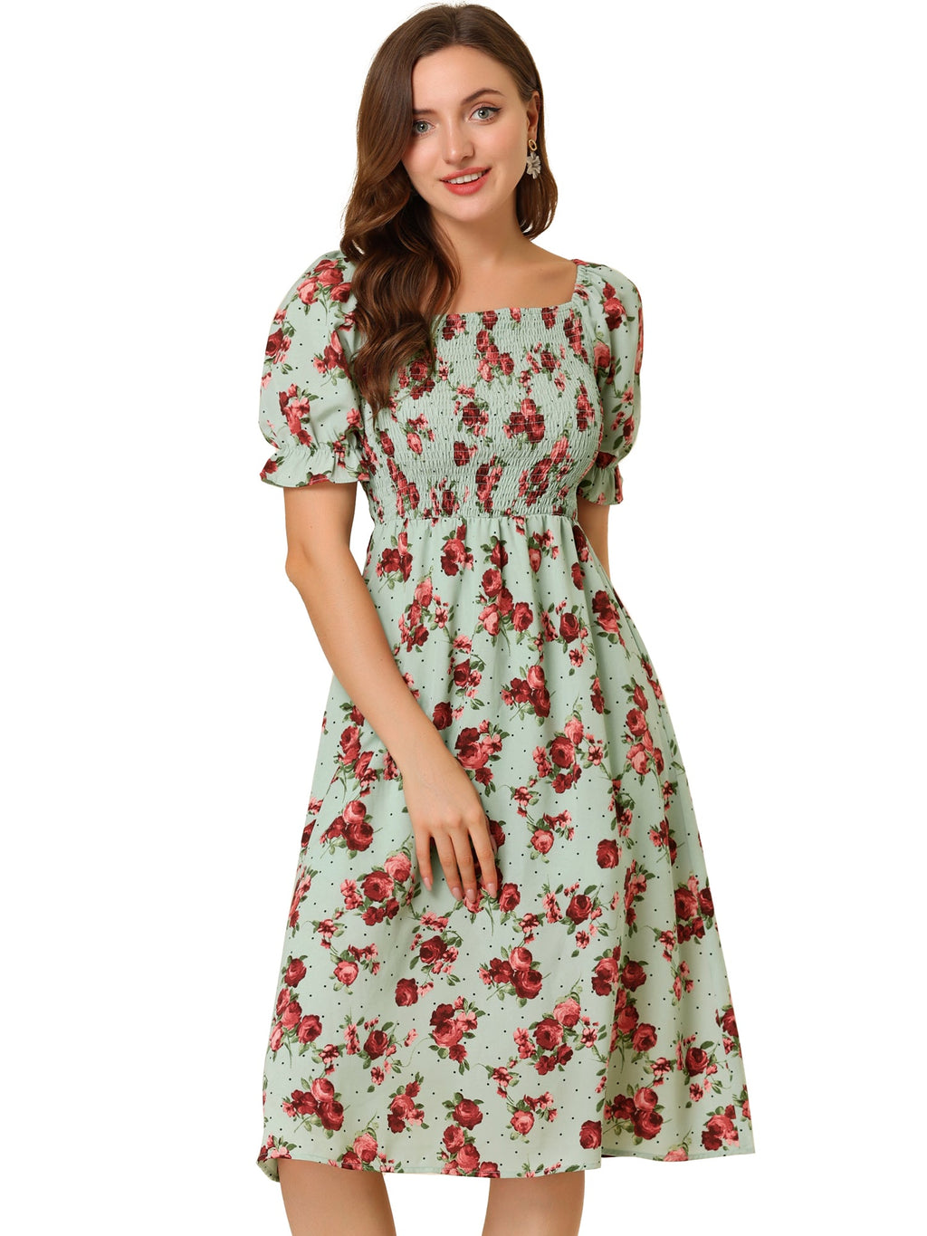 Smocked Floral Square Neck Dress