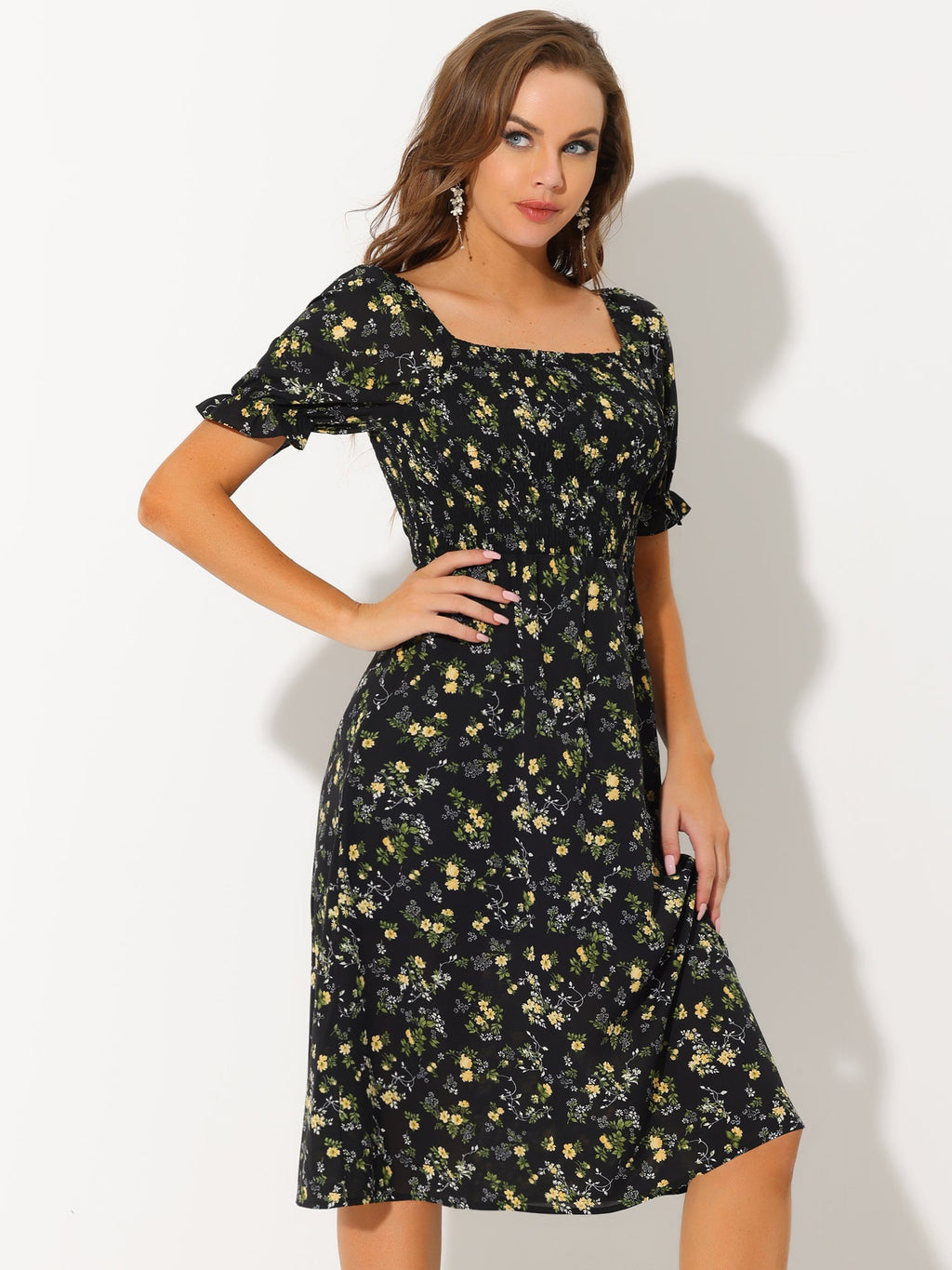 Smocked Floral Square Neck Dress