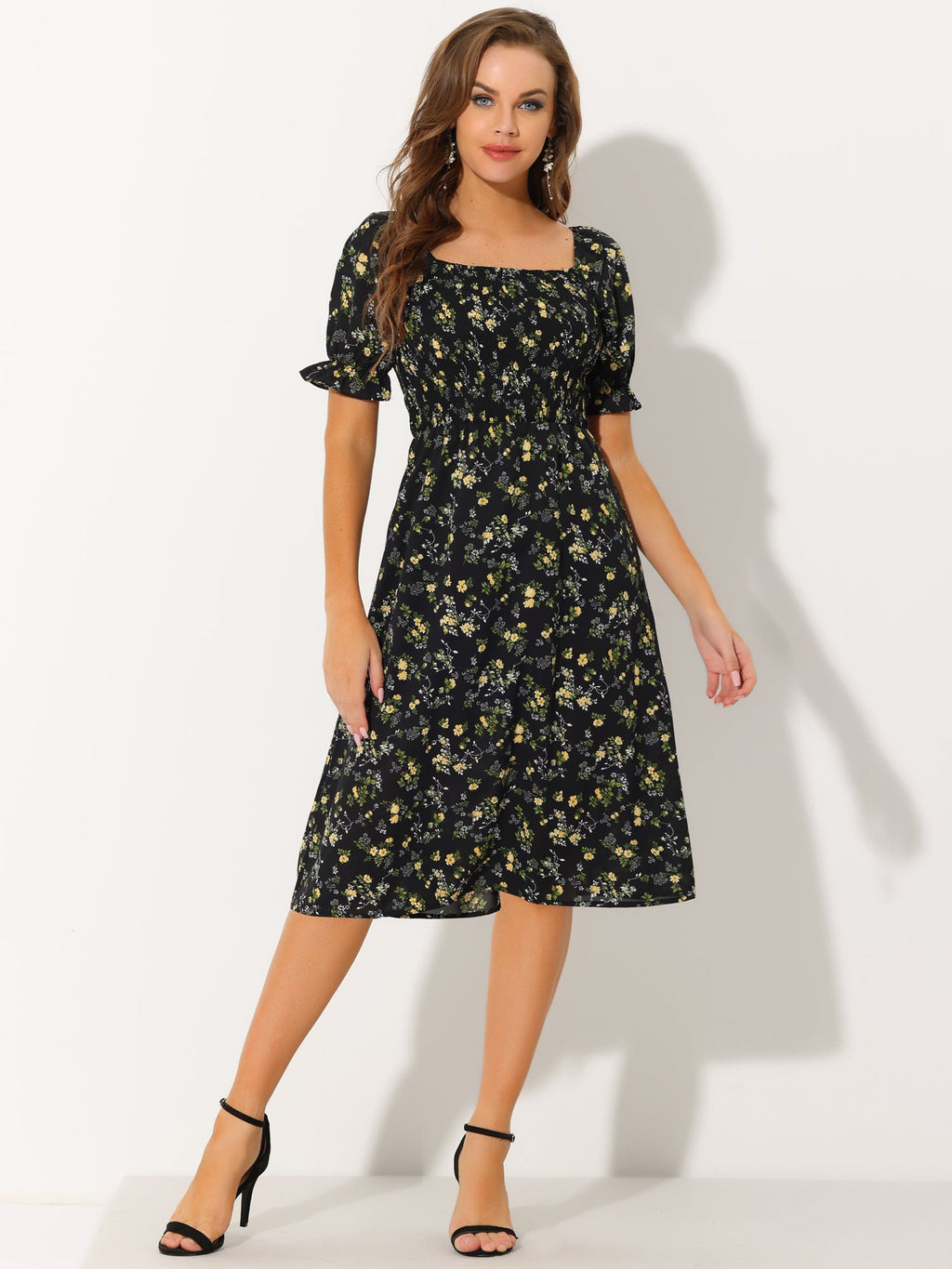 Smocked Floral Square Neck Dress