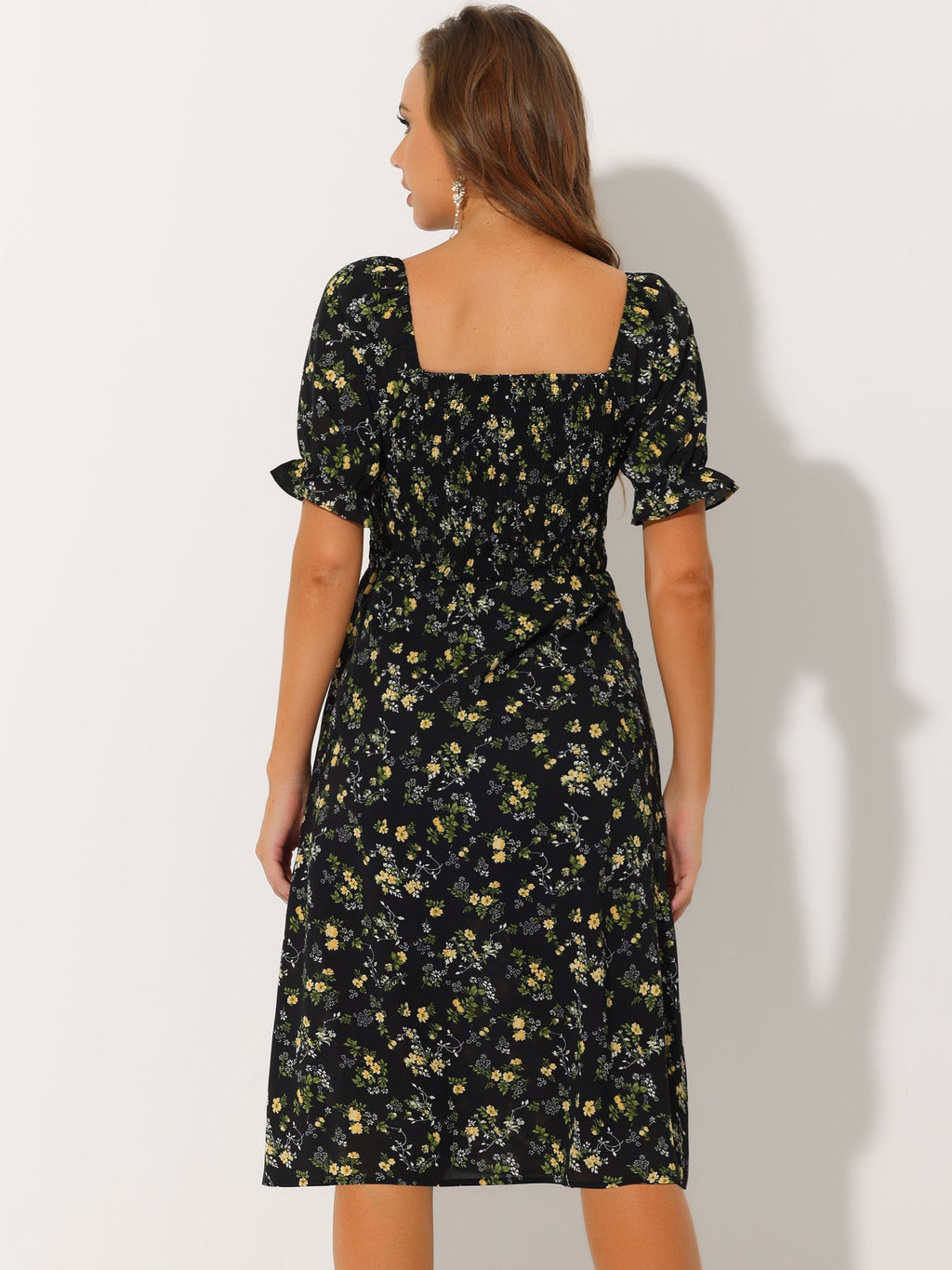 Smocked Floral Square Neck Dress