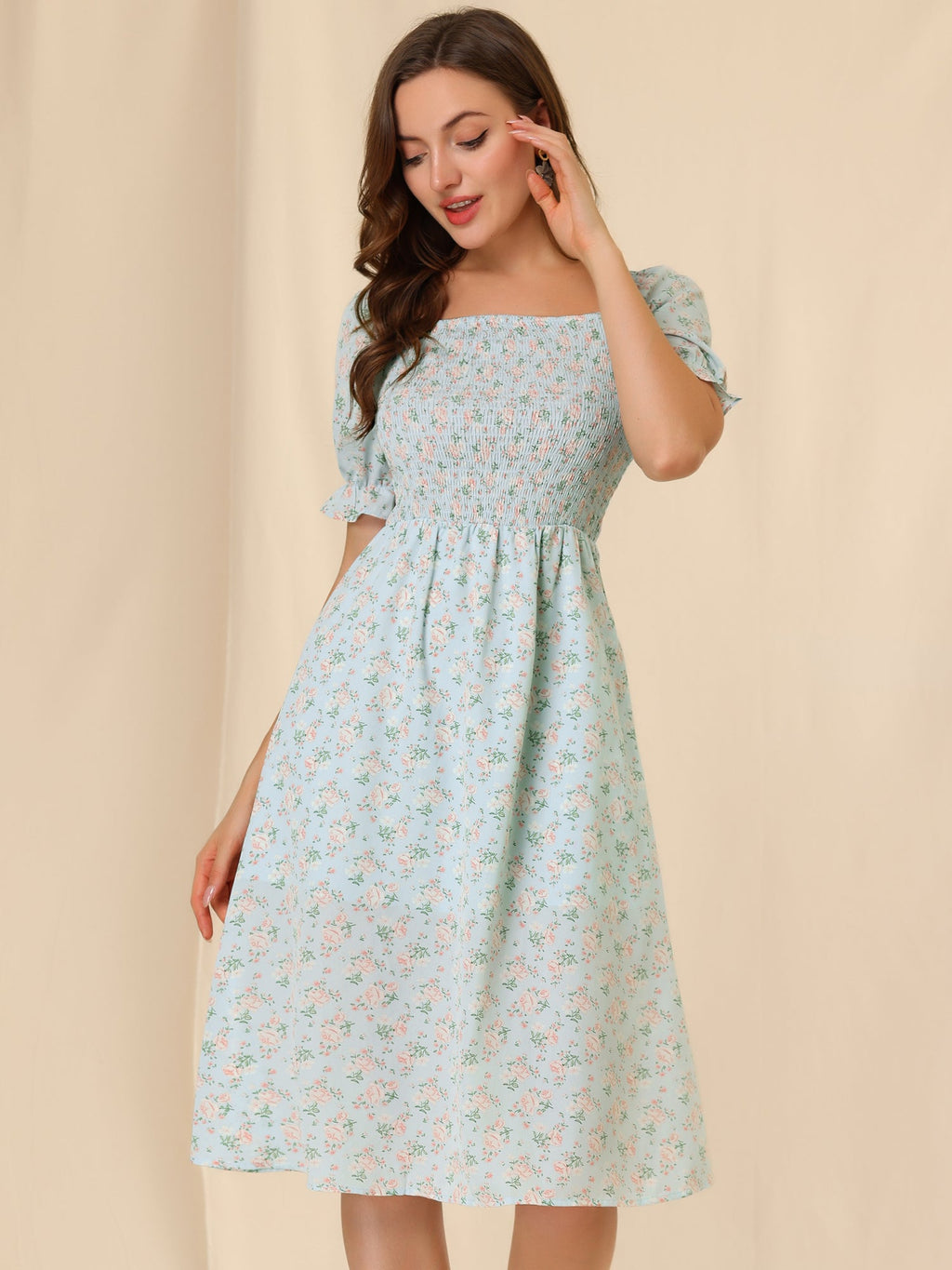 Smocked Floral Square Neck Dress