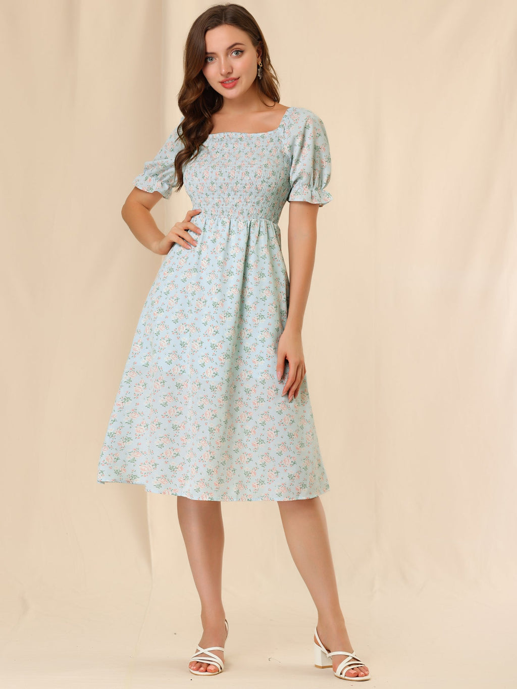 Smocked Floral Square Neck Dress