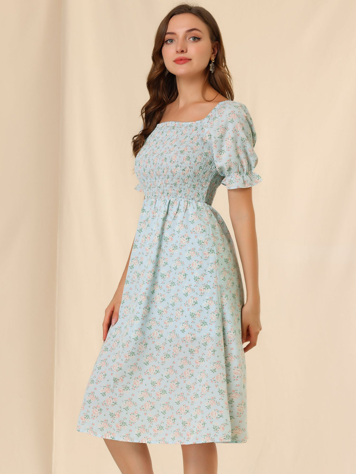 Smocked Floral Square Neck Dress