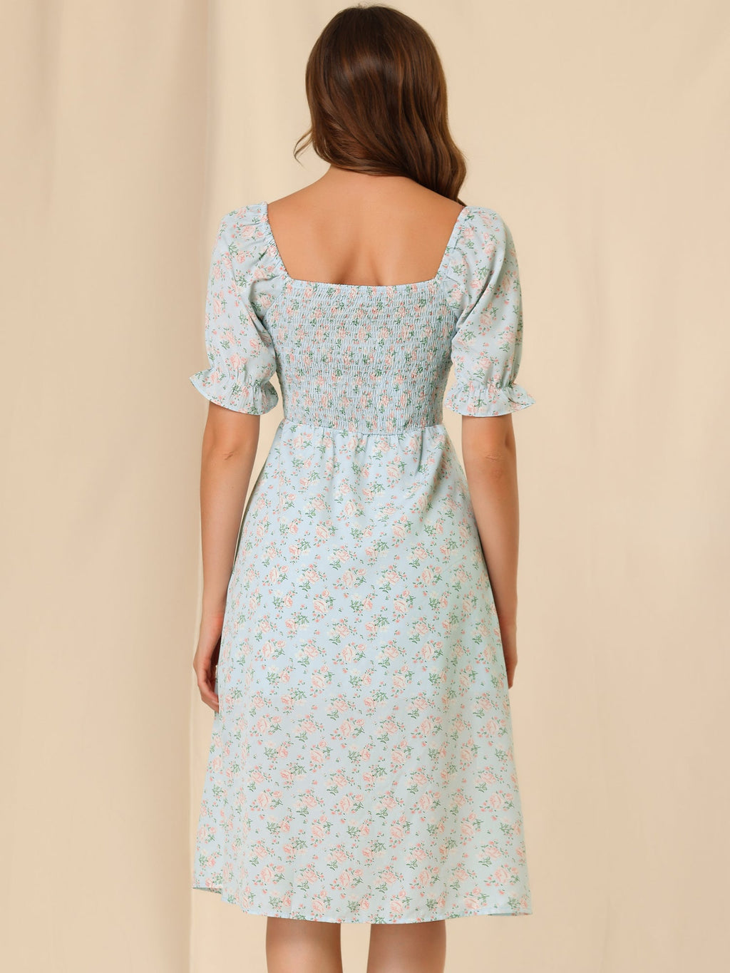 Smocked Floral Square Neck Dress