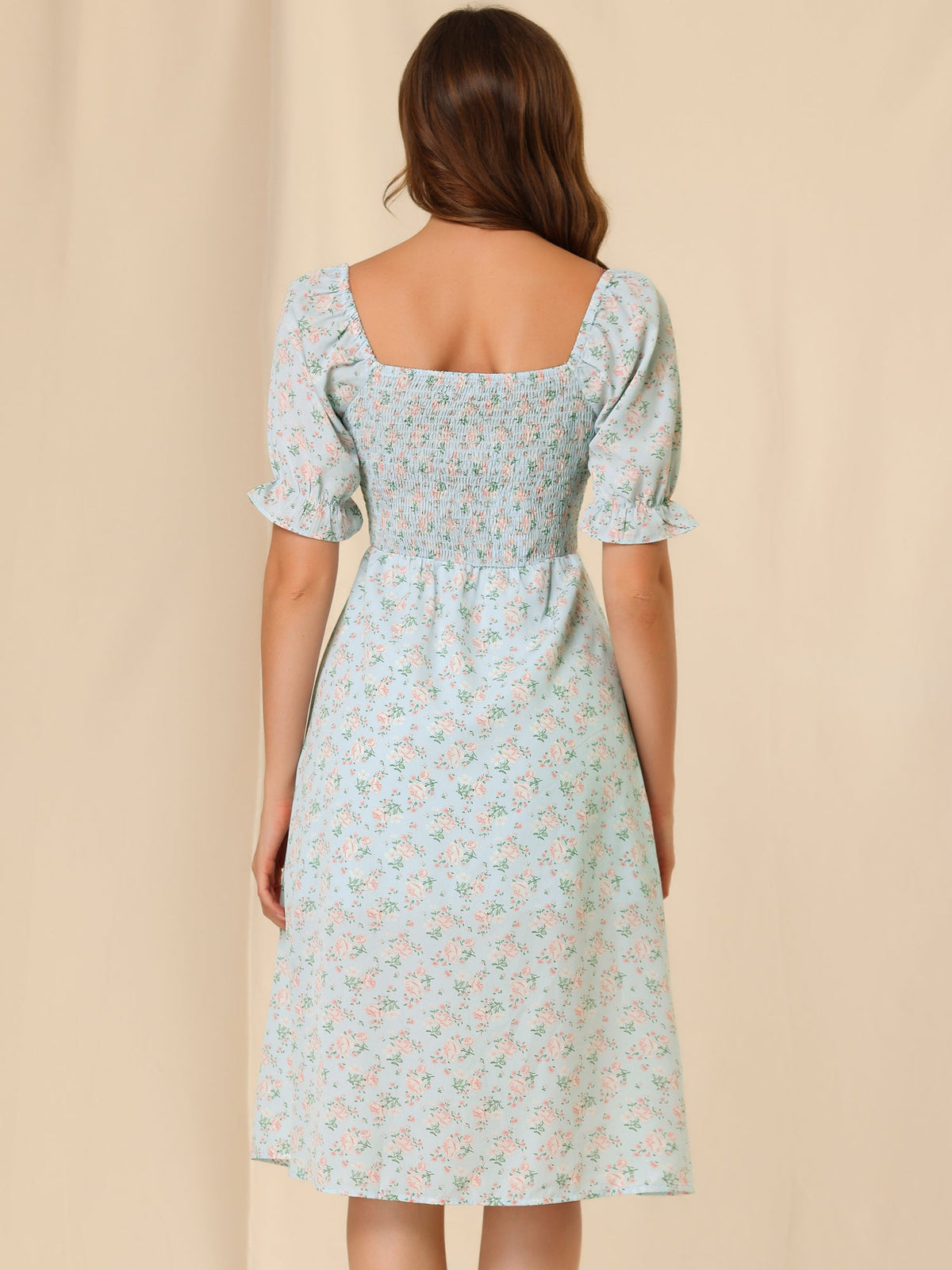 Smocked Floral Square Neck Dress