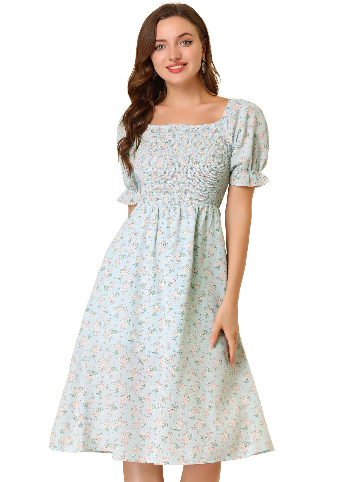 Smocked Floral Square Neck Dress