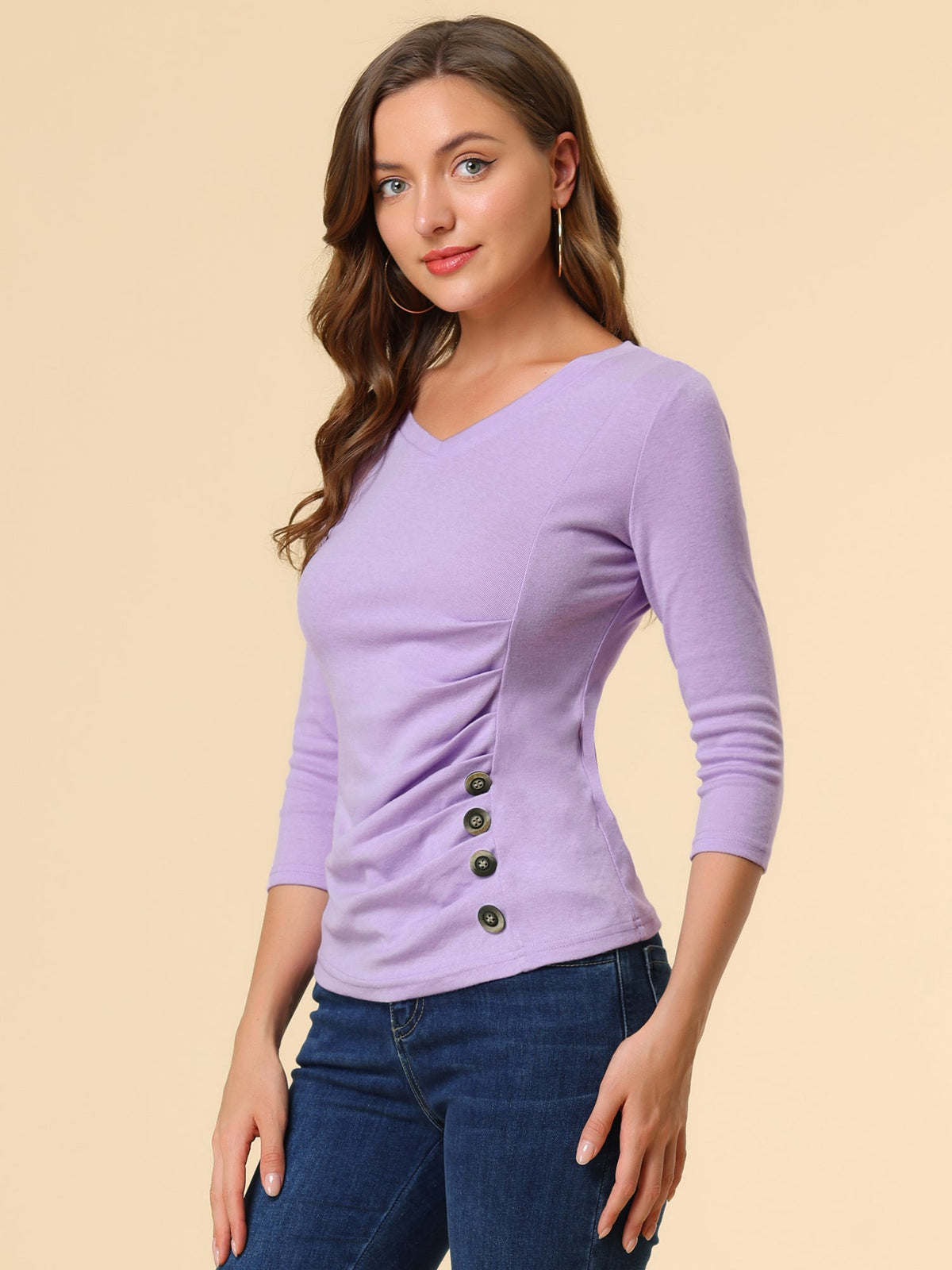 Ruched V-Neck Stretch Blouse
