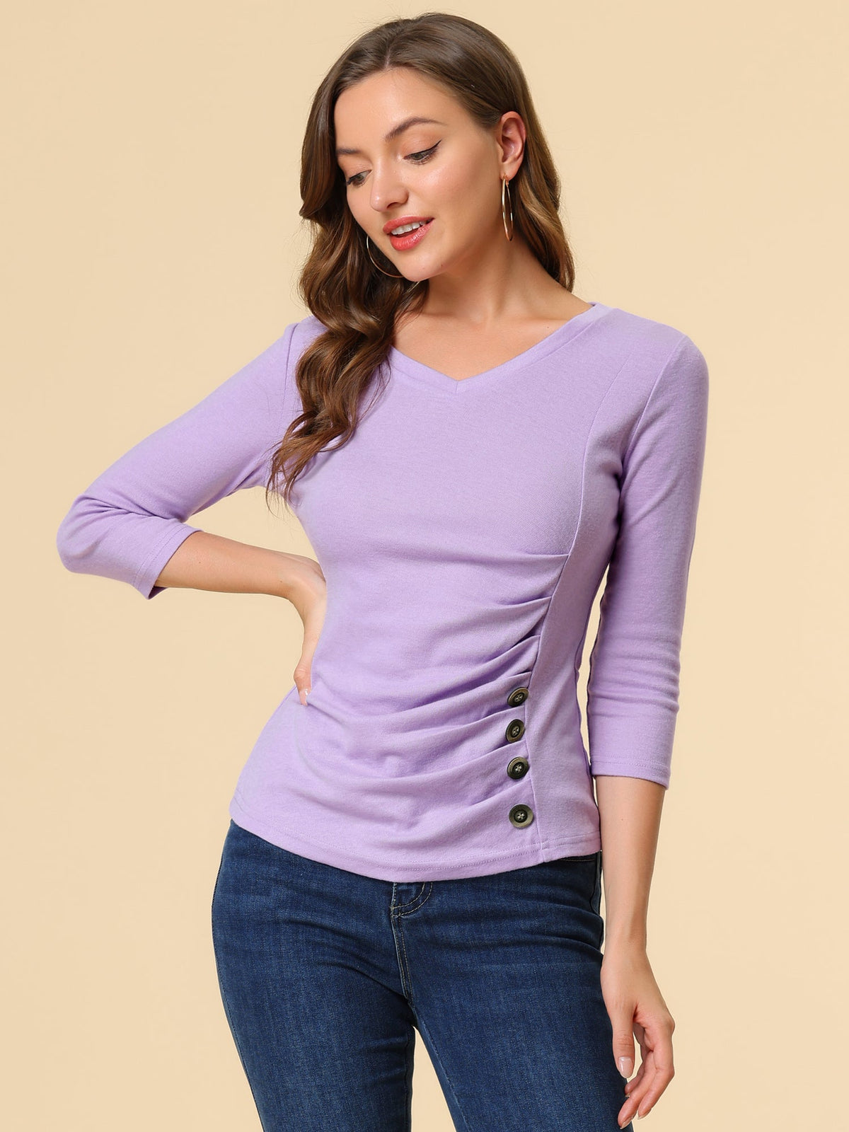 Ruched V-Neck Stretch Blouse