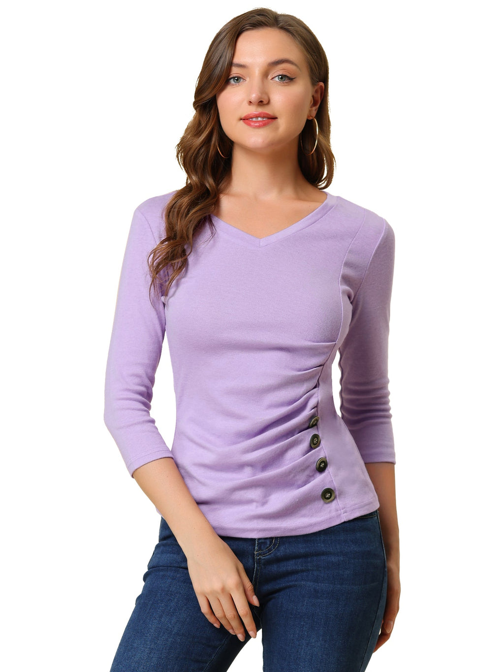 Ruched V-Neck Stretch Blouse