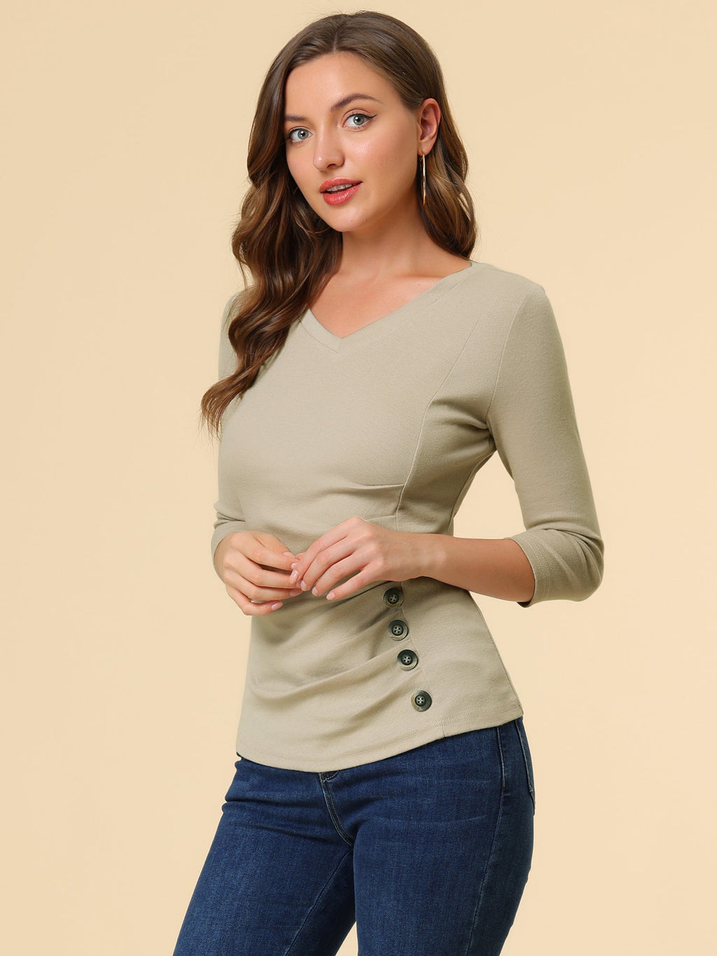 Ruched V-Neck Stretch Blouse