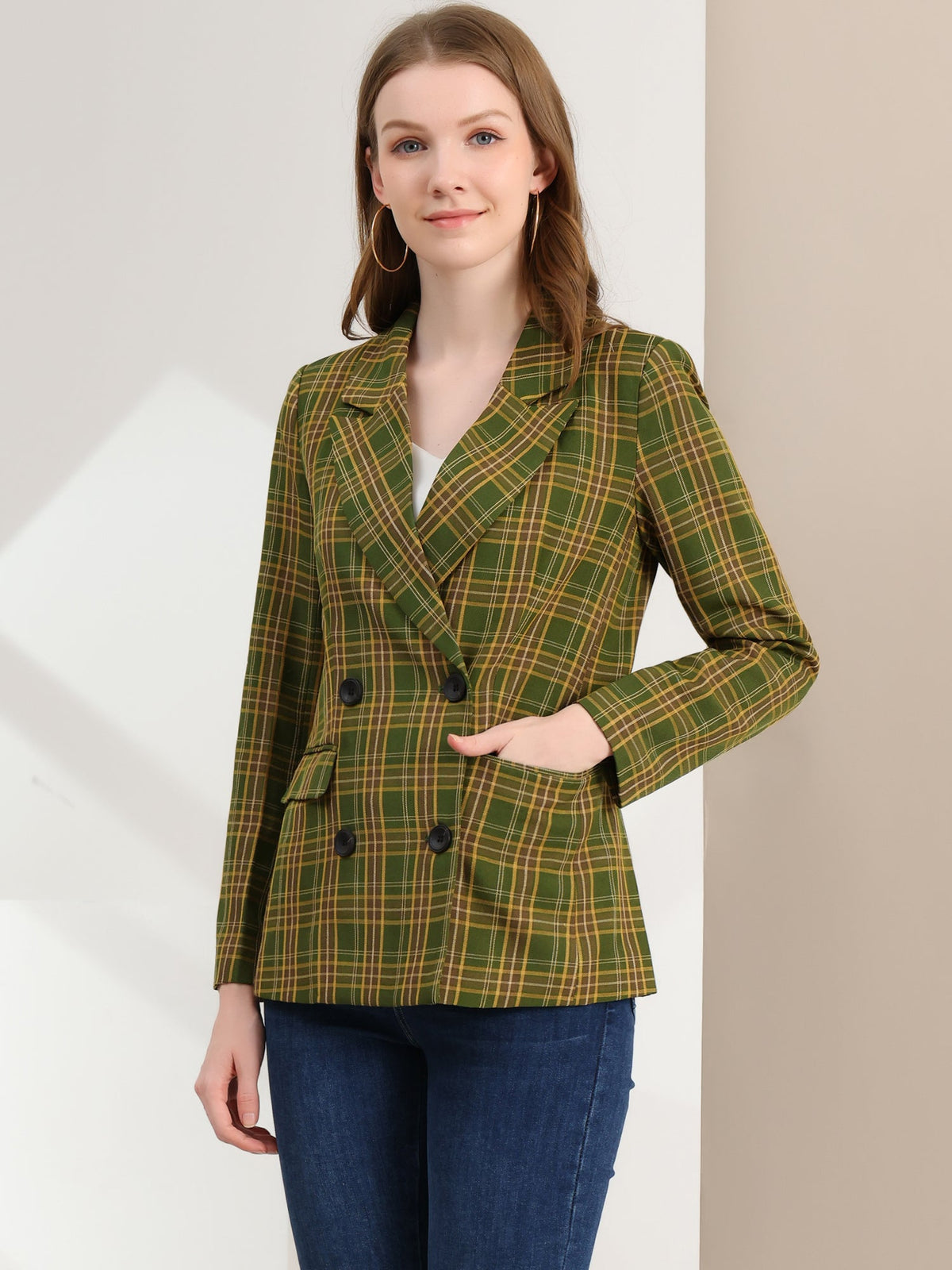 Plaid Padded-Double Breasted Blazer