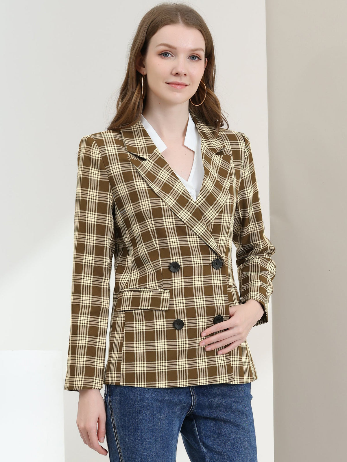 Plaid Padded-Double Breasted Blazer