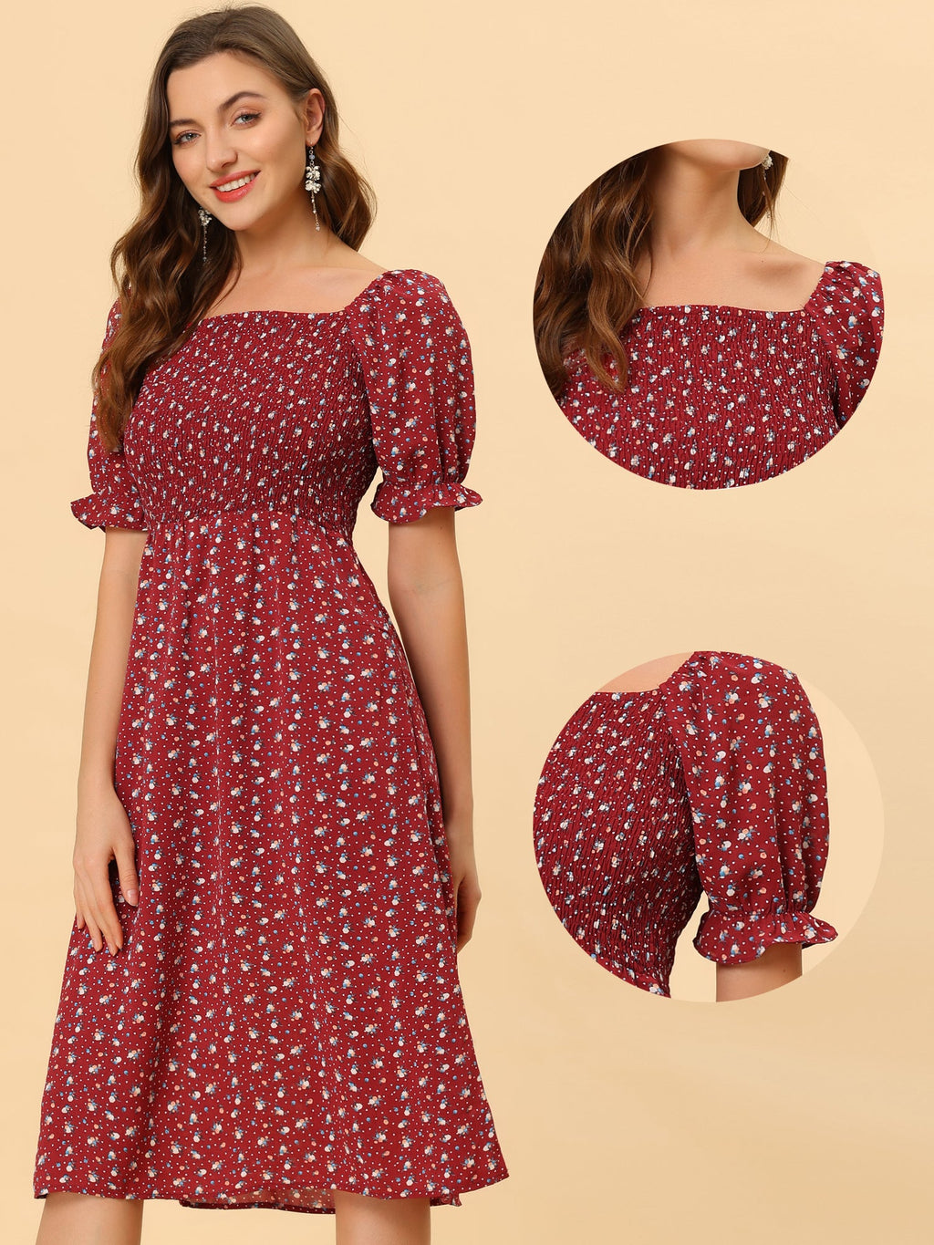 Smocked Floral Square Neck Dress
