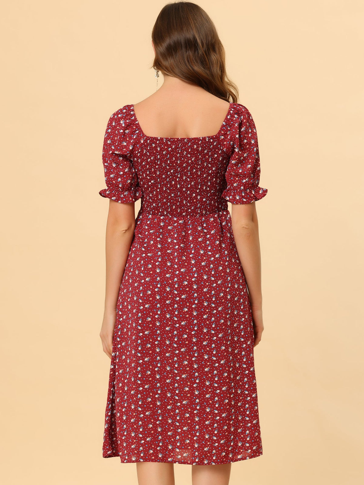 Smocked Floral Square Neck Dress