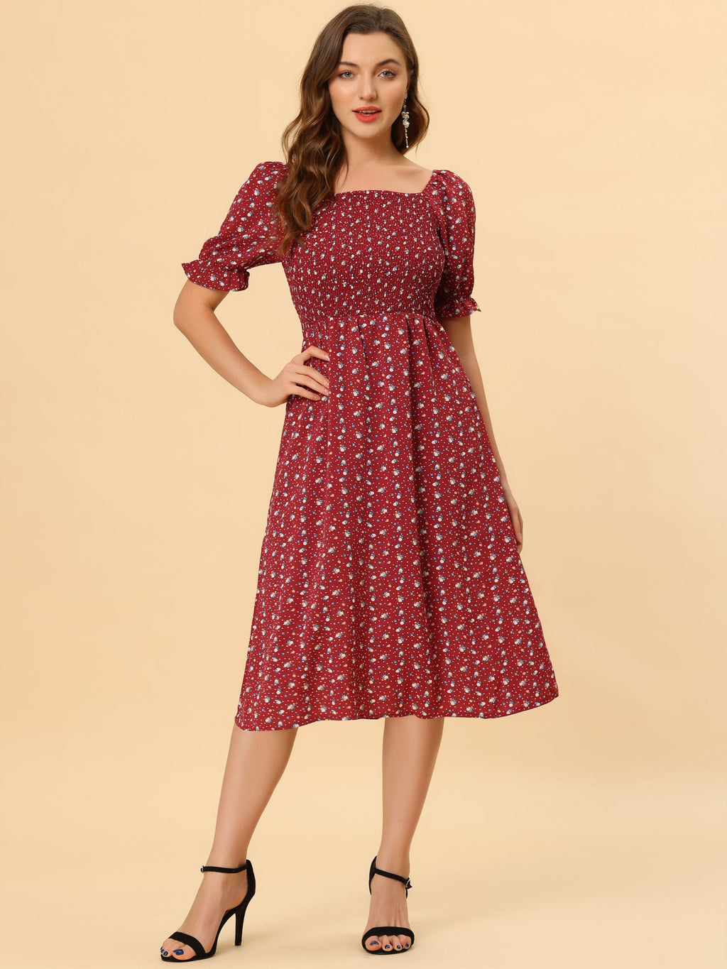 Smocked Floral Square Neck Dress