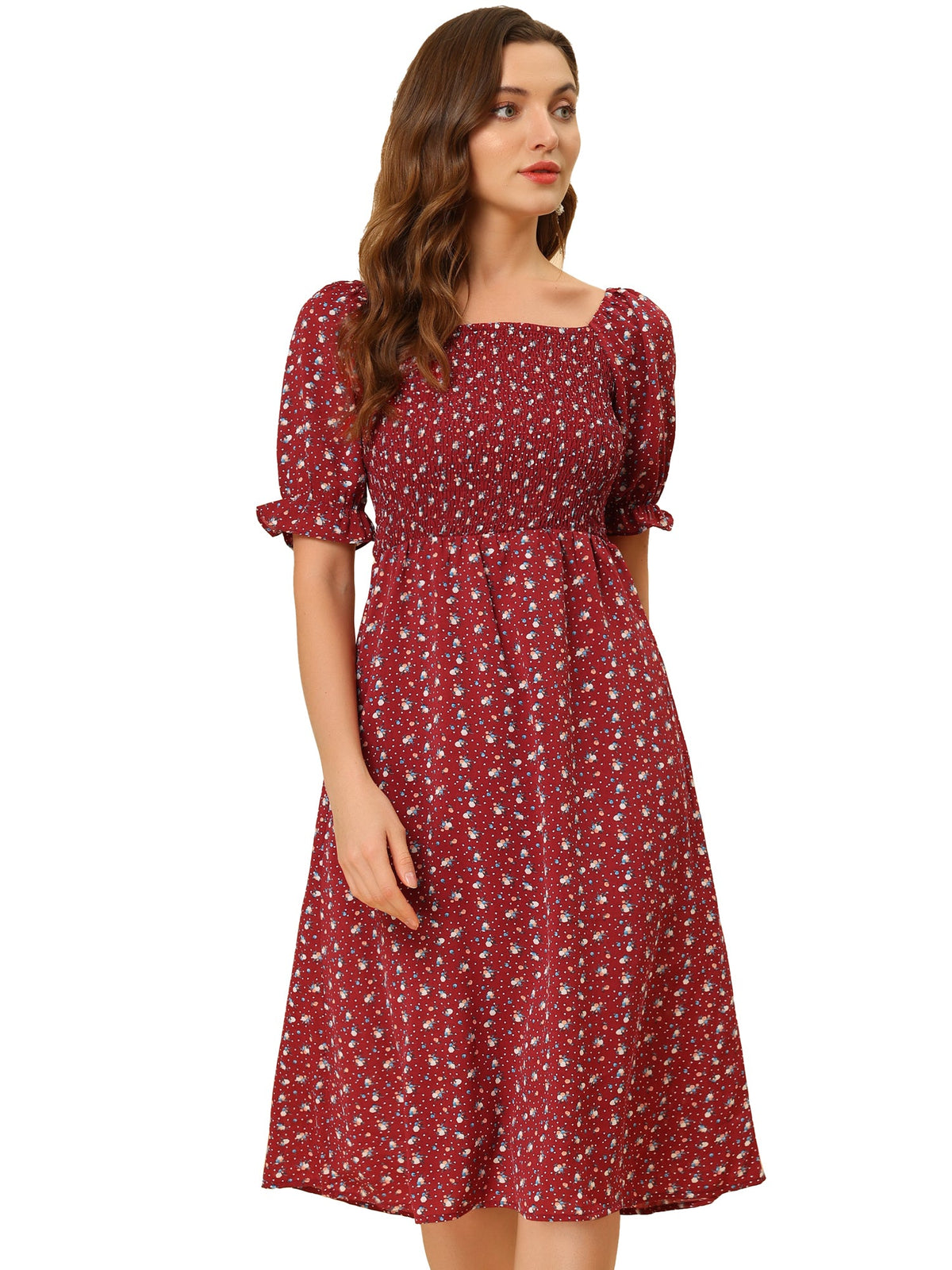 Smocked Floral Square Neck Dress