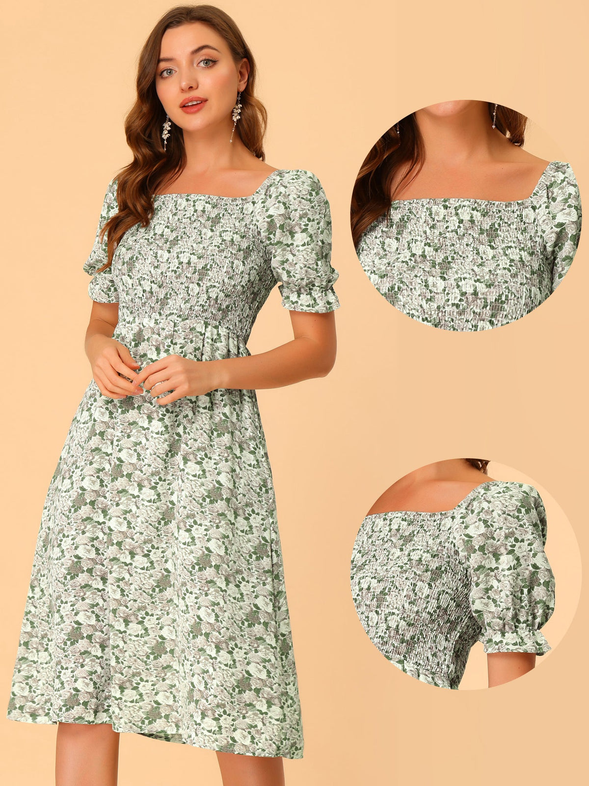 Smocked Floral Square Neck Dress