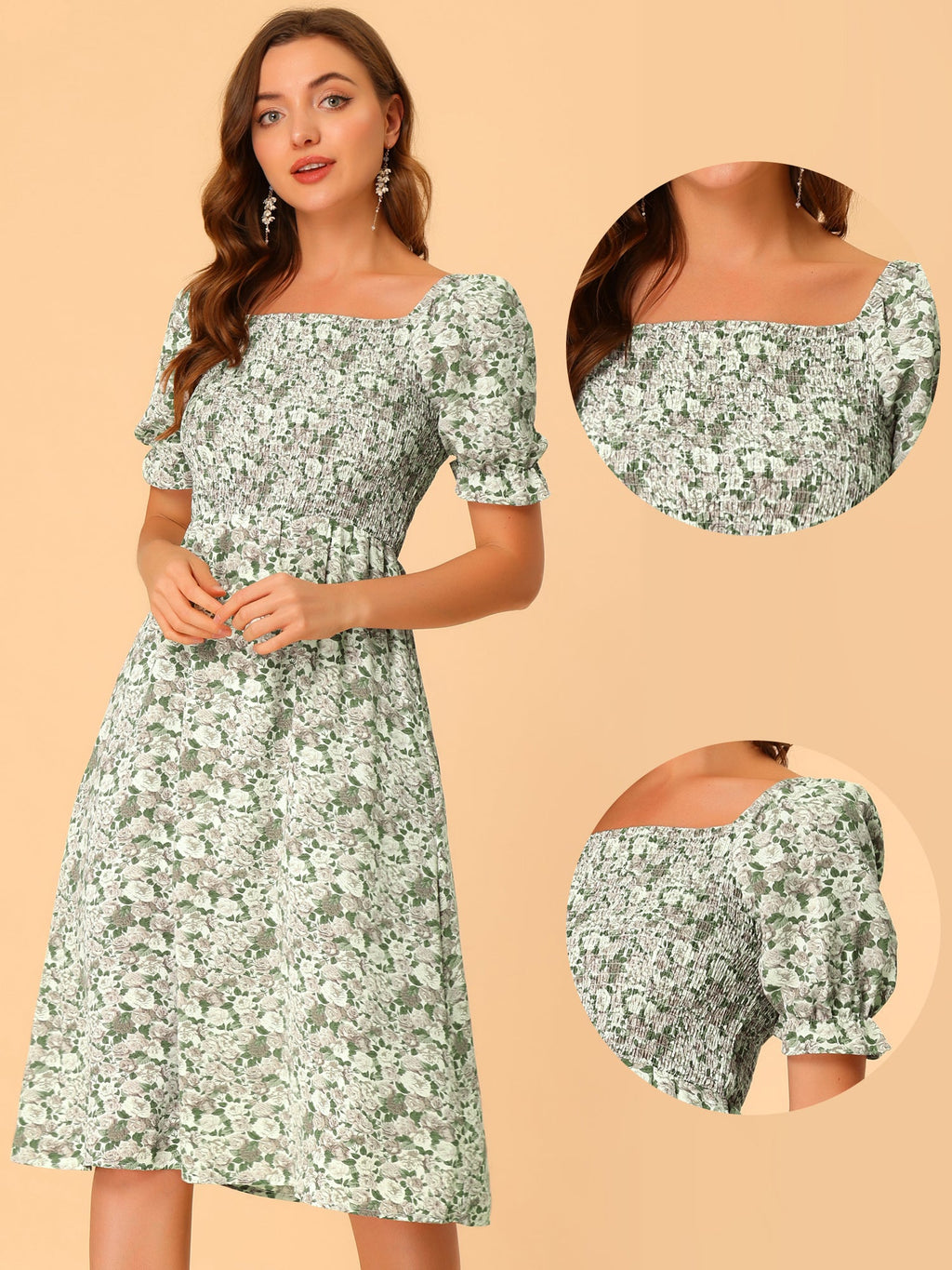 Smocked Floral Square Neck Dress