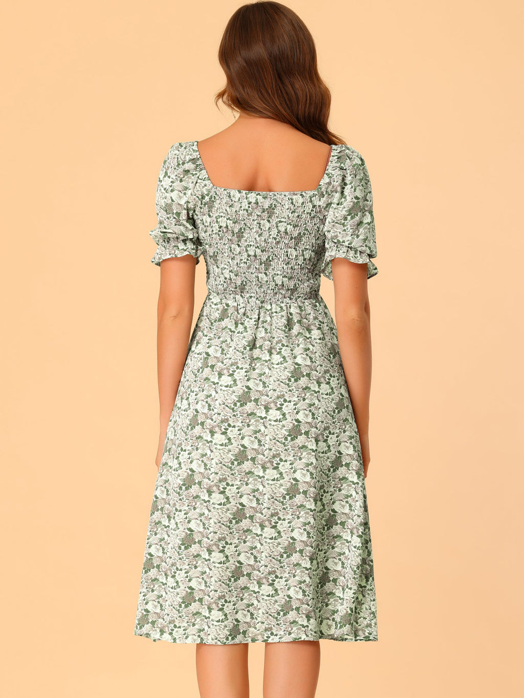 Smocked Floral Square Neck Dress