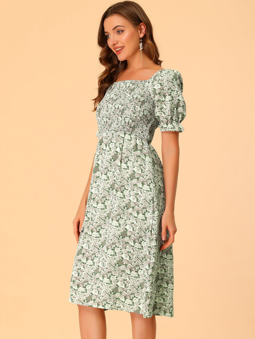 Smocked Floral Square Neck Dress