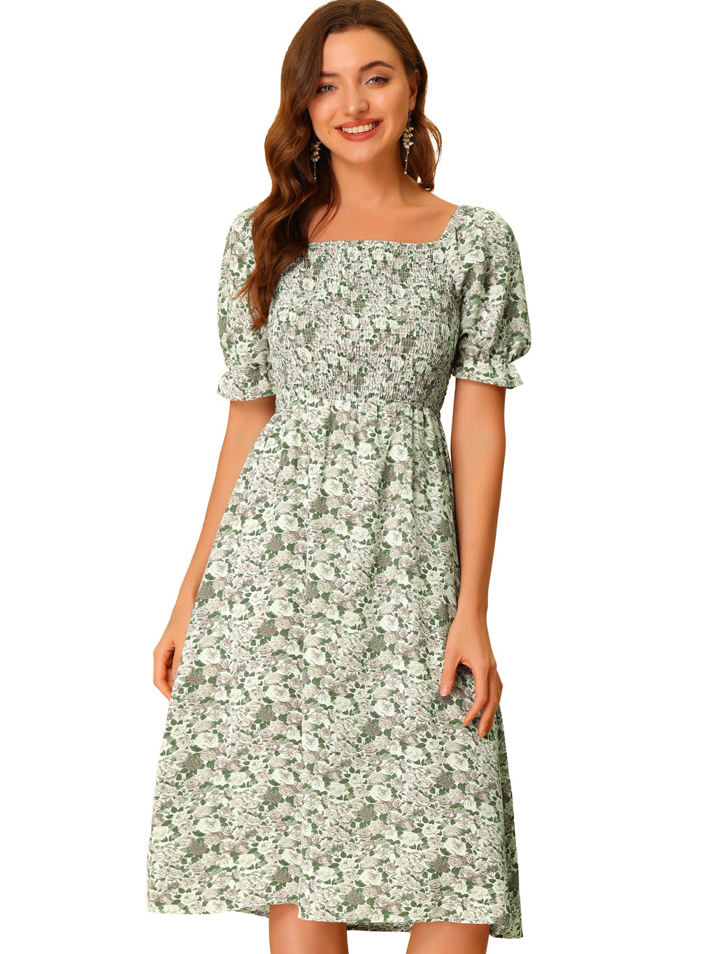 Smocked Floral Square Neck Dress