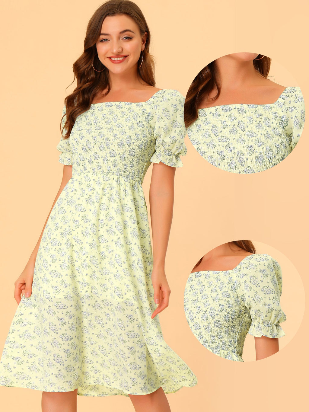 Smocked Floral Square Neck Dress