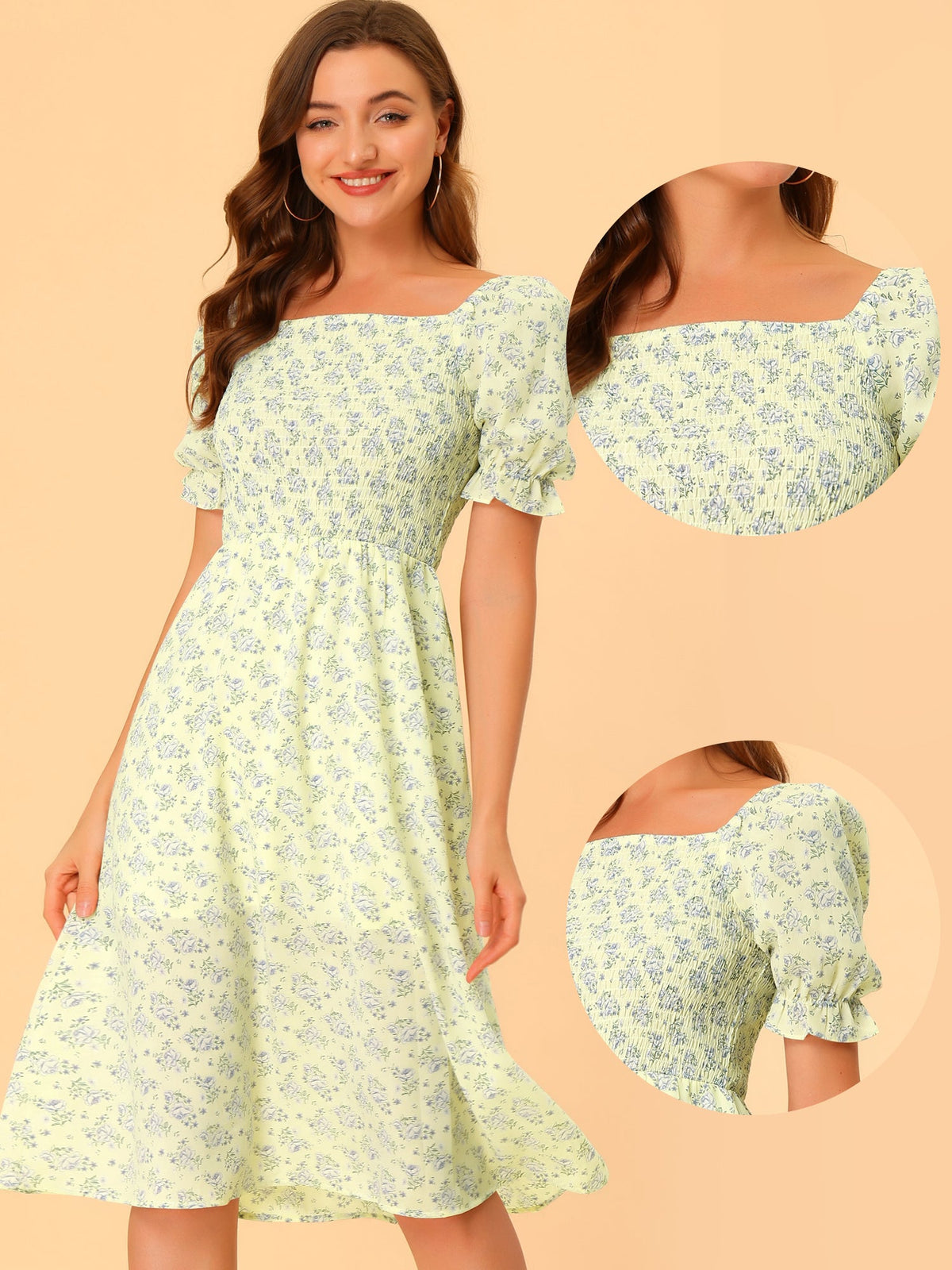 Smocked Floral Square Neck Dress