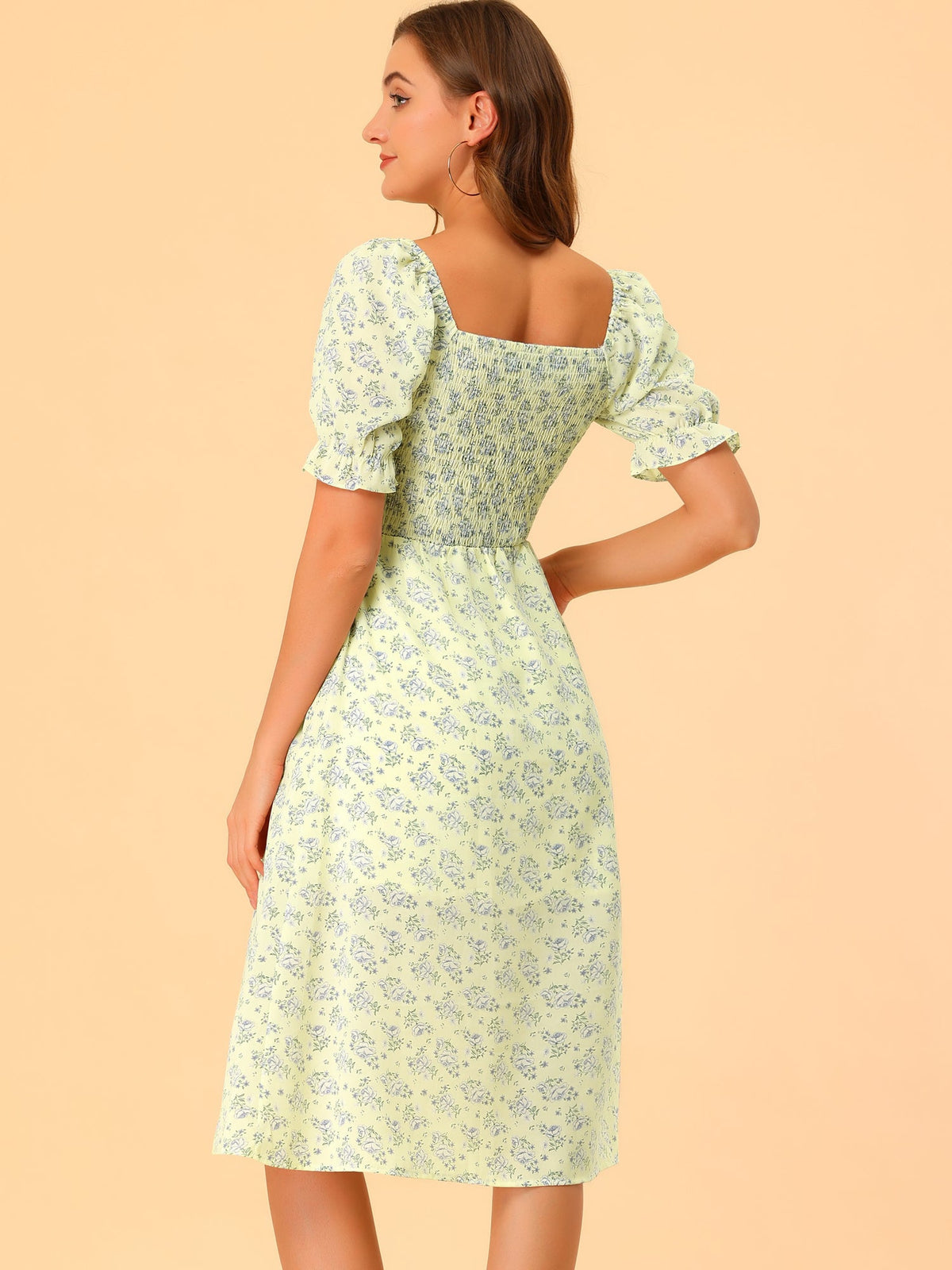 Smocked Floral Square Neck Dress