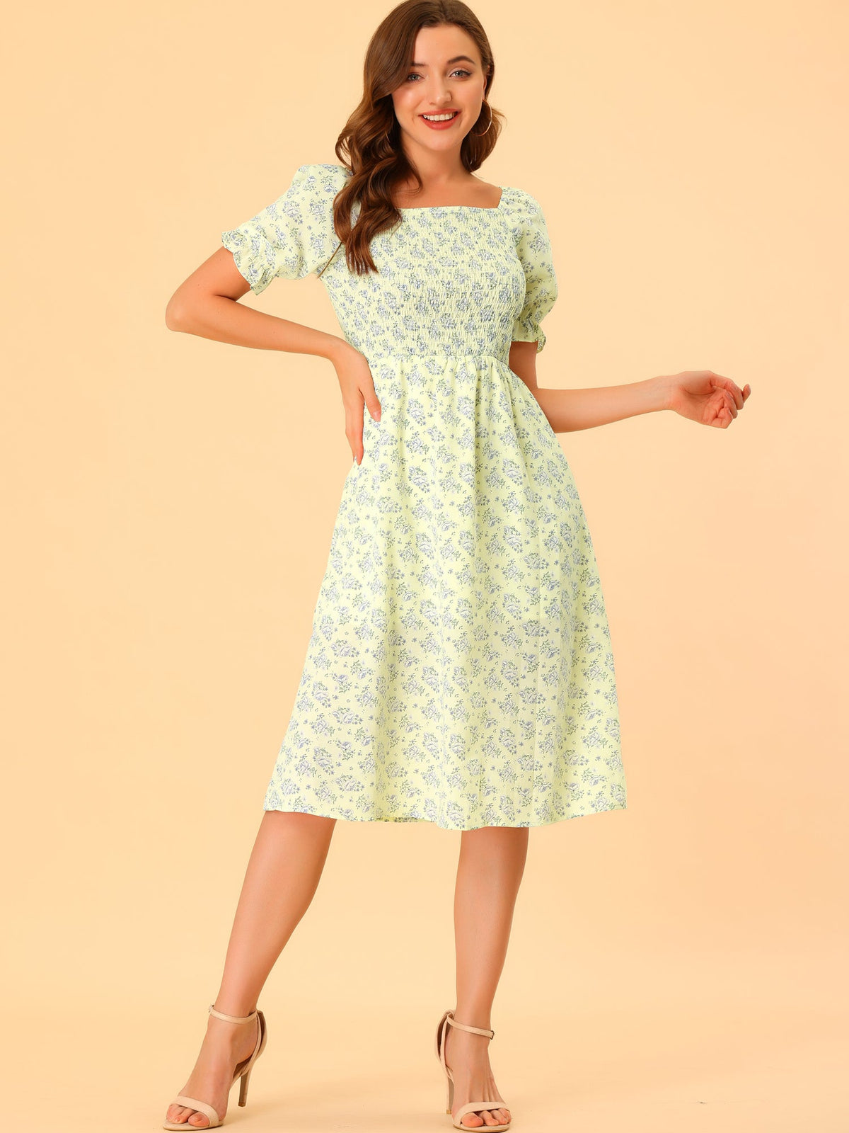 Smocked Floral Square Neck Dress