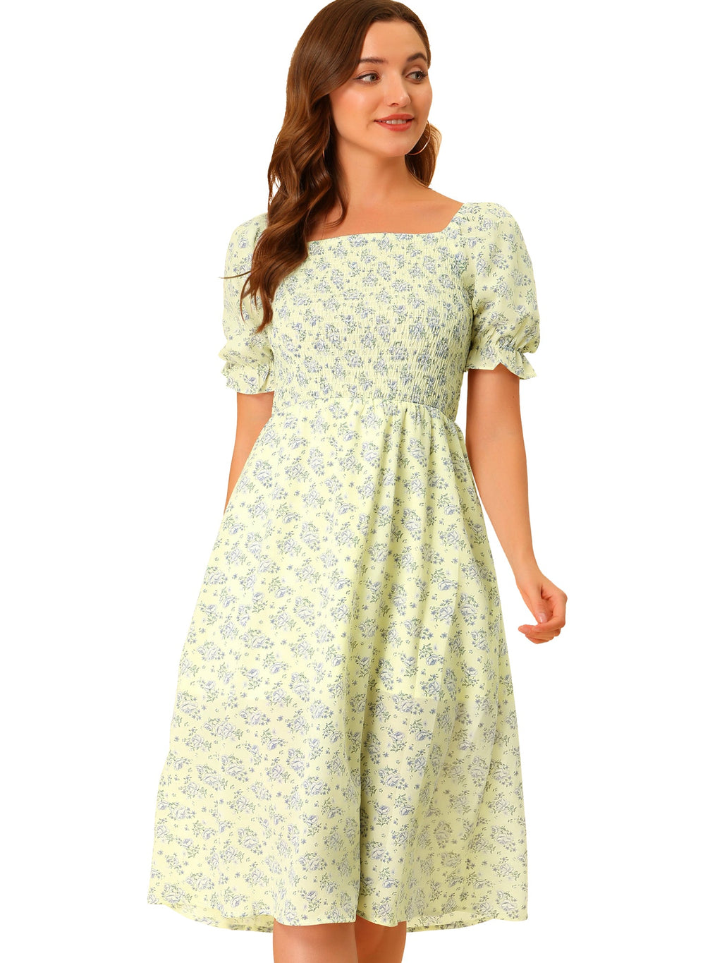 Smocked Floral Square Neck Dress