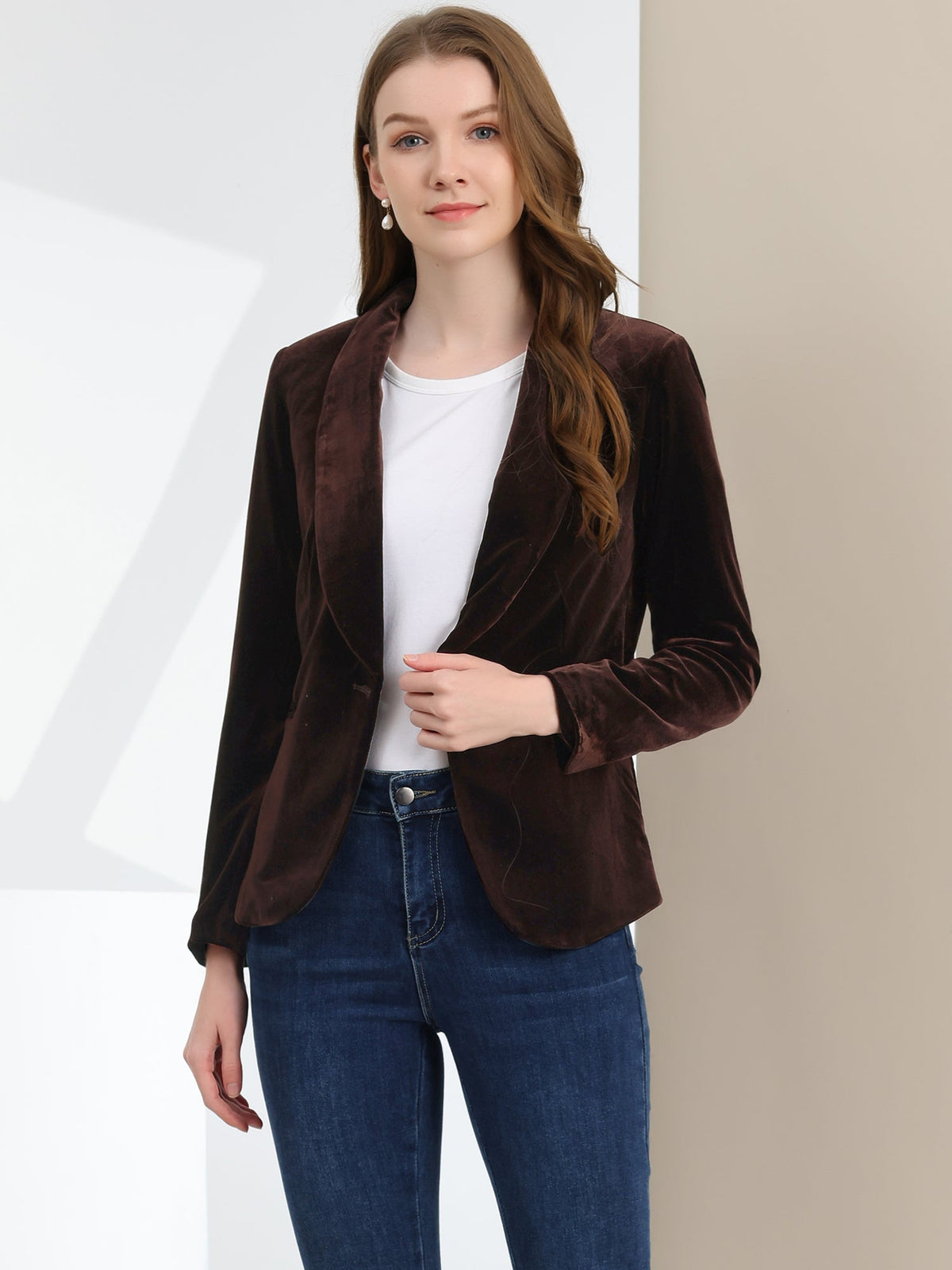 Velvet Shawl-Collar Single-Button Blazer