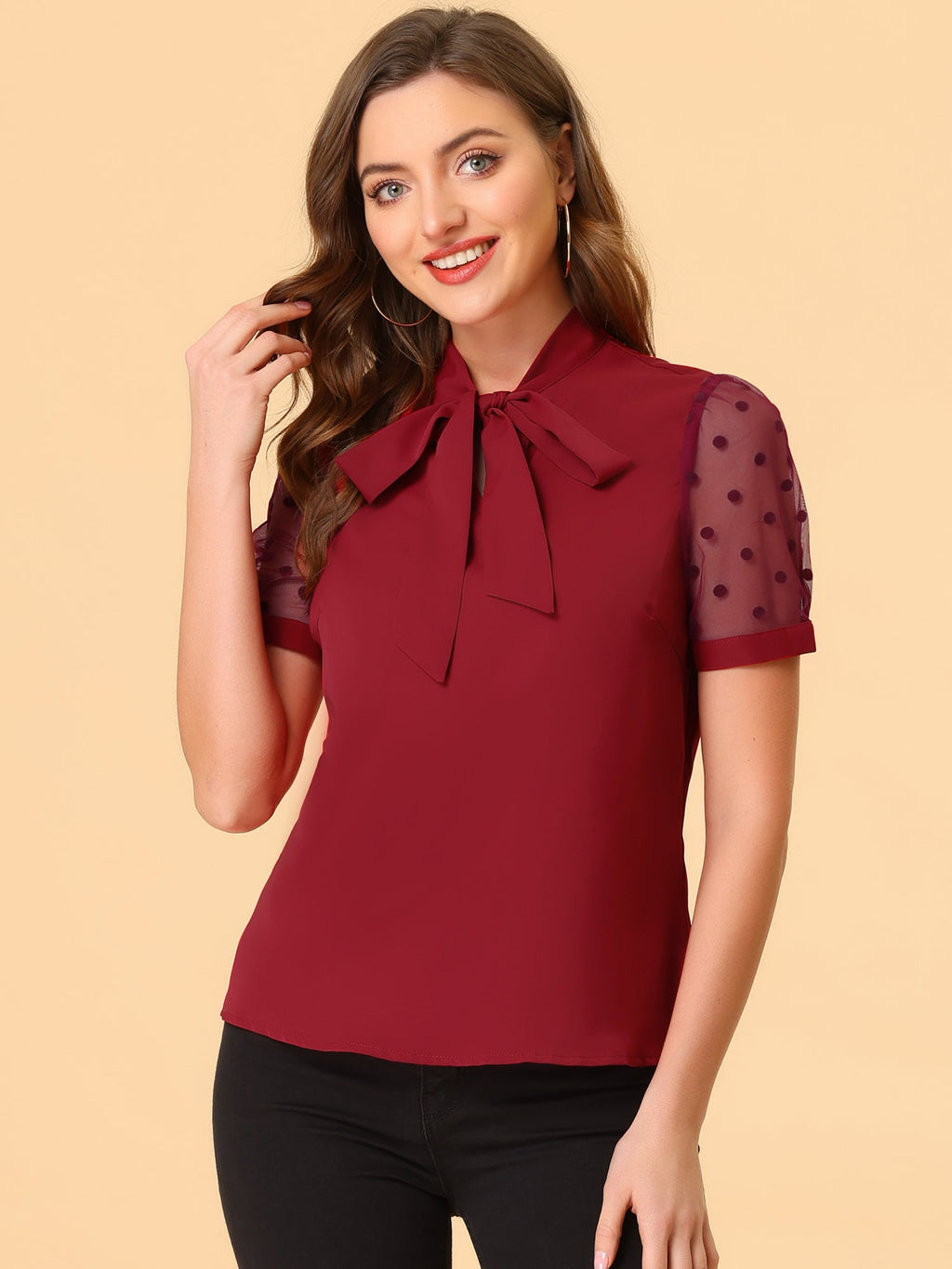 Mesh Sleeve Bow Tie Blouse
